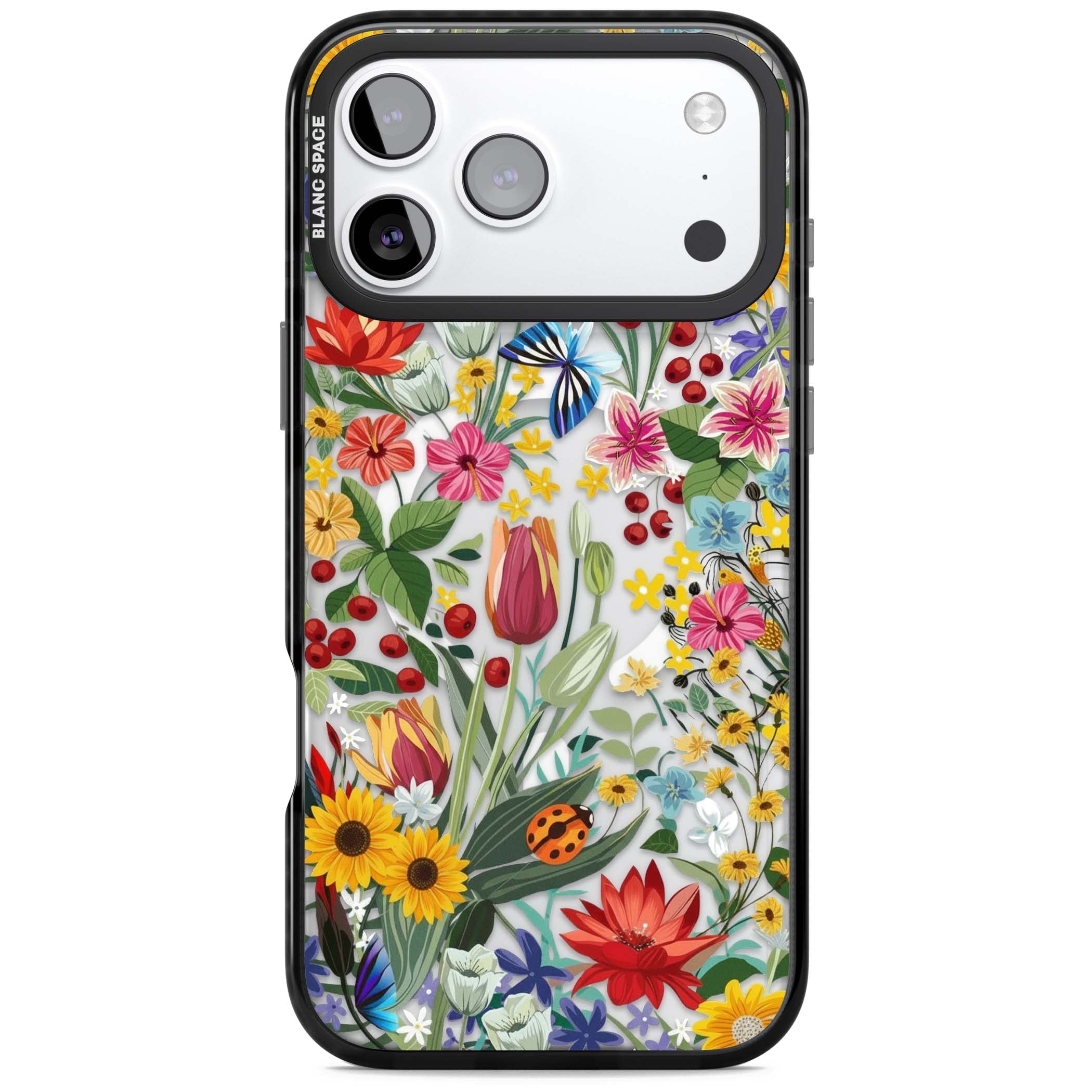Botanical Bloom cottagecore iPhone case featuring colorful wildflowers, sunflowers, and ladybugs on clear background | Black Impact Magsafe case for iPhone 17 Pro, iPhone 17 Pro Max