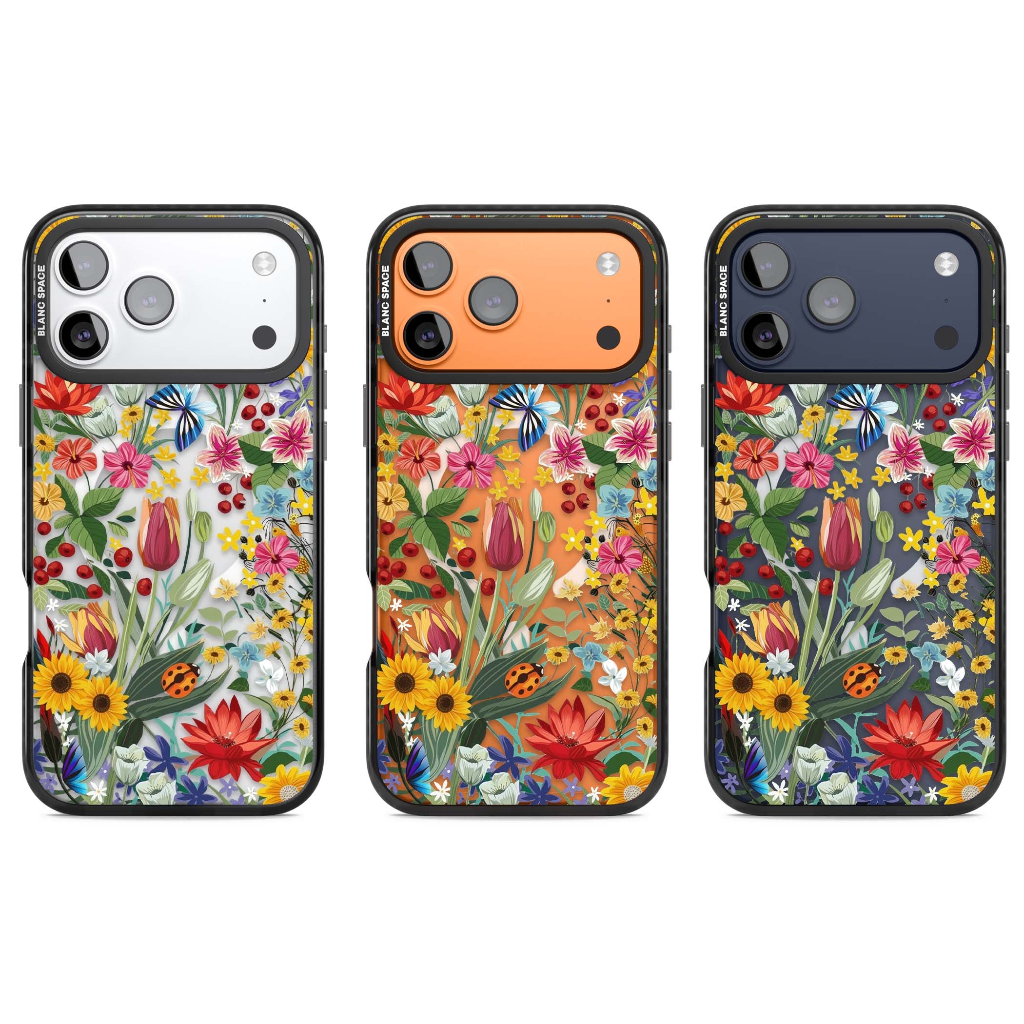Botanical Bloom cottagecore iPhone case featuring colorful wildflowers, sunflowers, and ladybugs on clear background | Black Impact Magsafe case for iPhone 17 Pro, iPhone 17 Pro Max