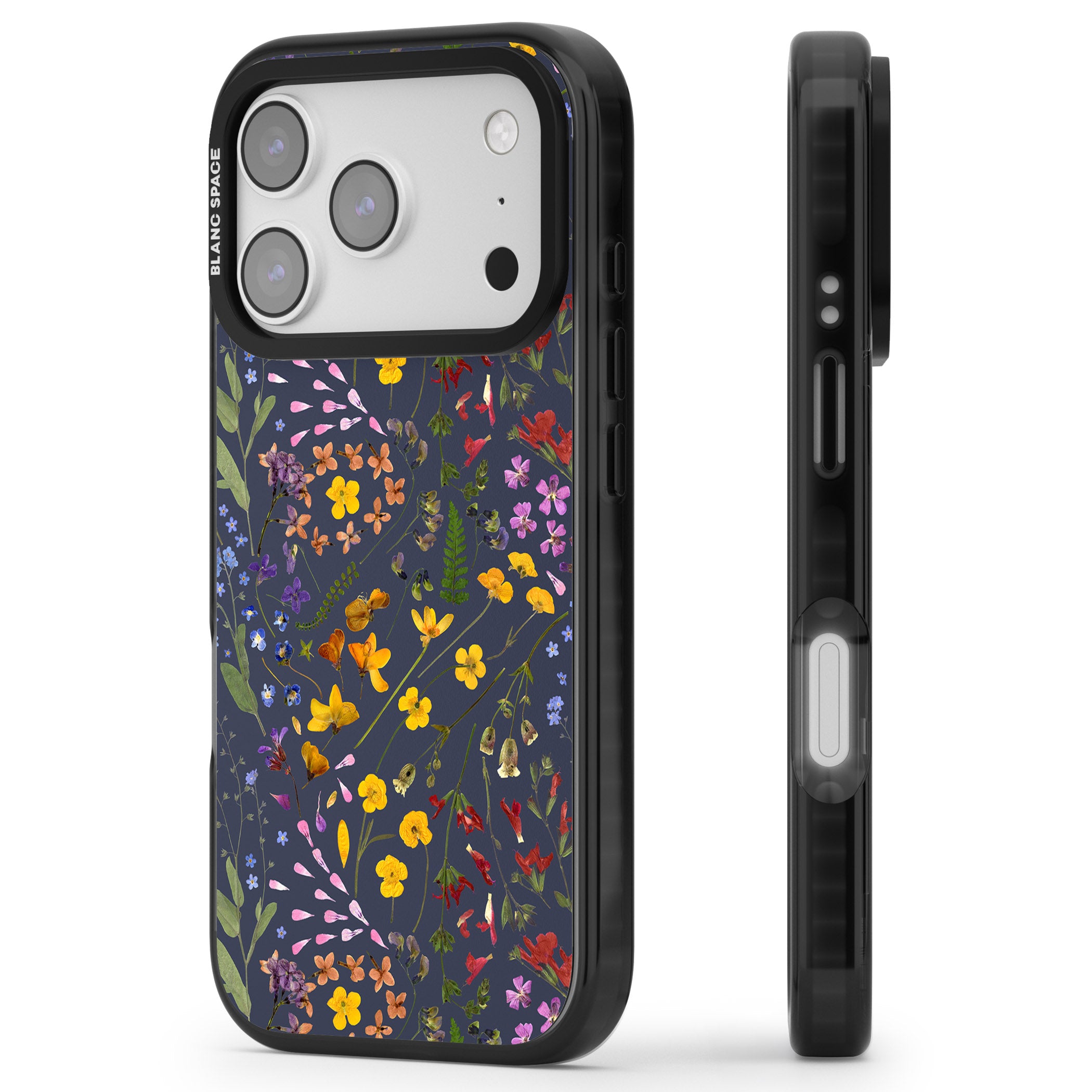Wildflower Leaves Cluster Navy iPhone 17 Pro Impact Pro Black Phone Case Side Profile
