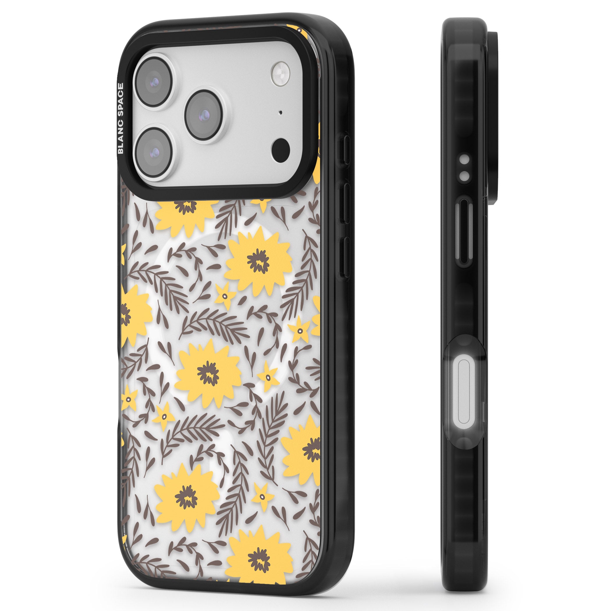 Yellow Blossoms Floral iPhone 17 Pro Max Impact Pro Black Phone Case Side Profile