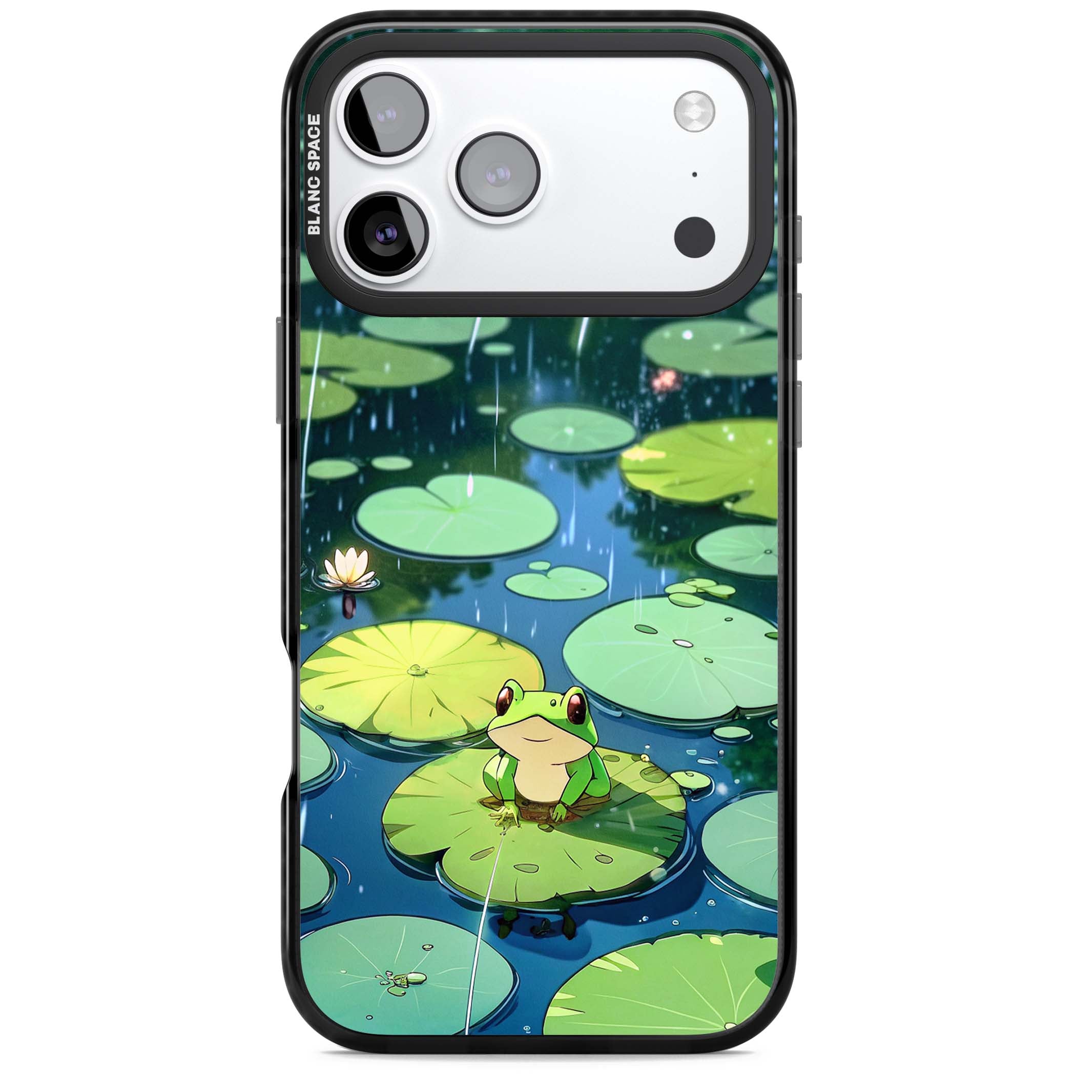 Frog In Lily Pond cottagecore iPhone case featuring a cute green frog on a lily pad with falling rain and a lotus flower | Black Impact Magsafe case for iPhone 17 Pro, iPhone 17 Pro Max