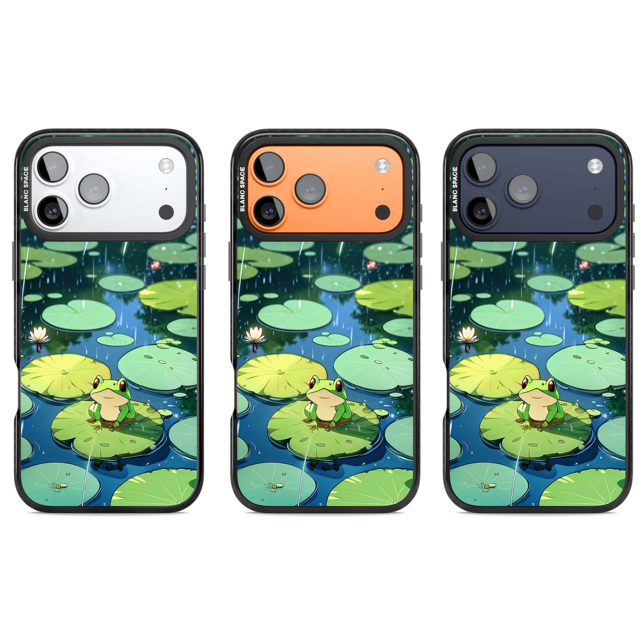Frog In Lily Pond cottagecore iPhone case featuring a cute green frog on a lily pad with falling rain and a lotus flower | Black Impact Magsafe case for iPhone 17 Pro, iPhone 17 Pro Max