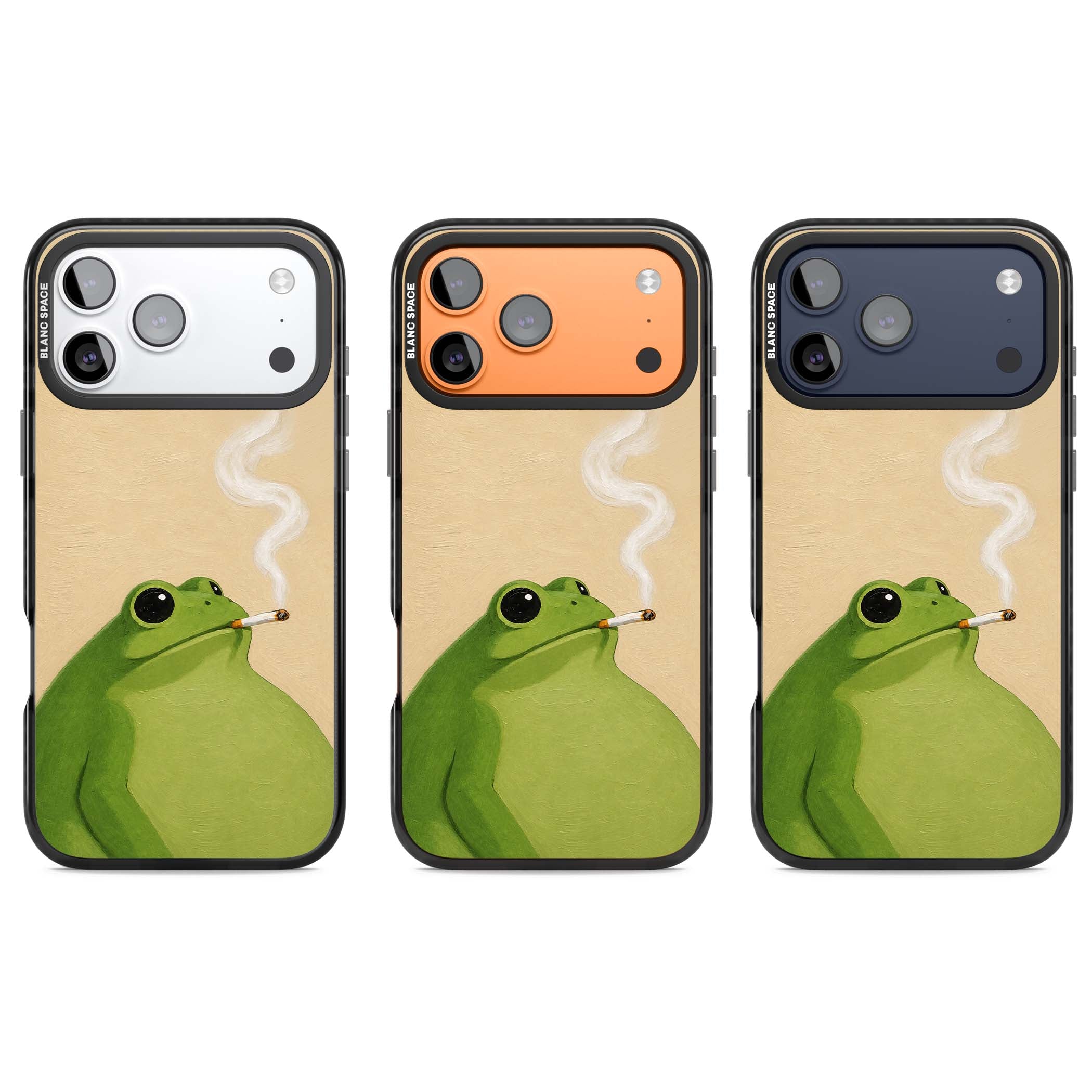 The Smoking Frog cottagecore iPhone case featuring a hand-painted green frog smoking a cigarette on a cream oil painting back | Black Impact Magsafe case for iPhone 17 Pro, iPhone 17 Pro Max