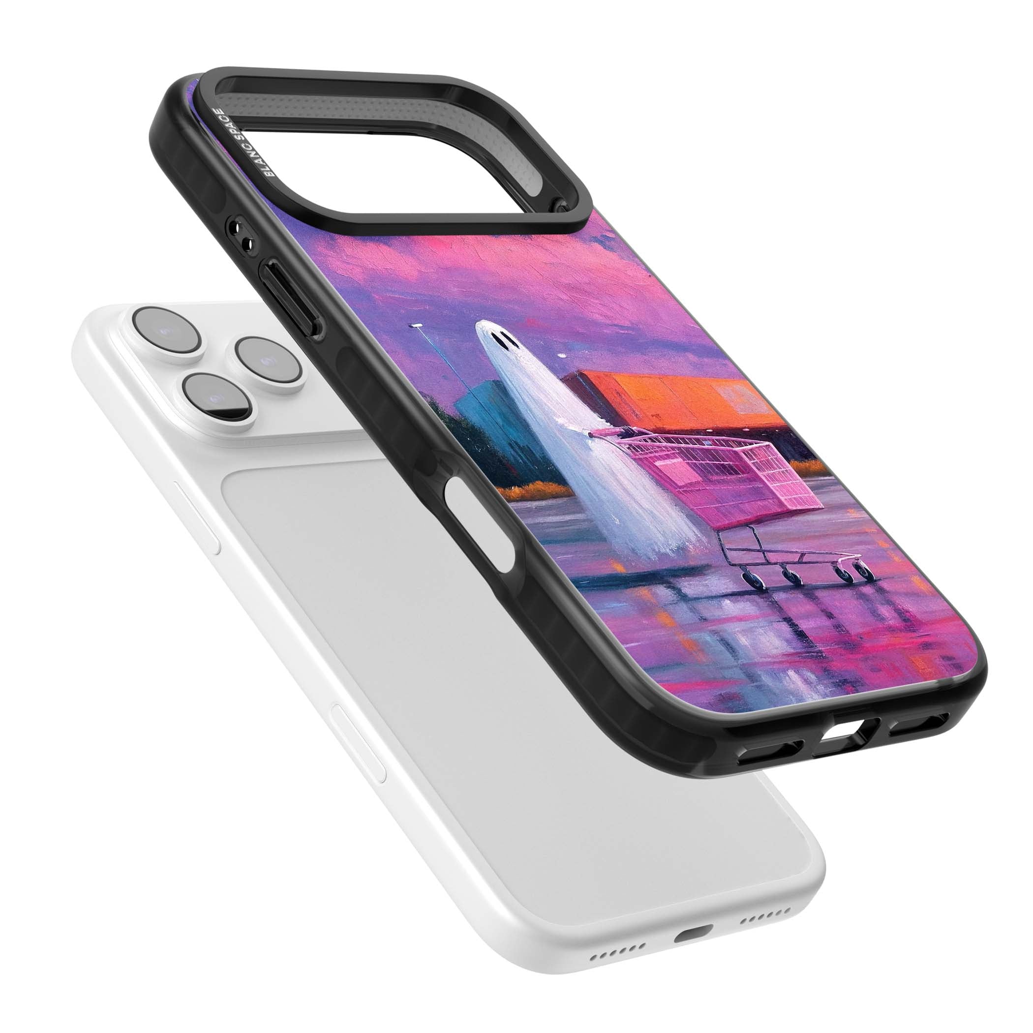 A Ghost's Errand ghost halloween iPhone case featuring a painted ghost, pink shopping trolley and purple sunset sky | Black Impact Magsafe case for iPhone 17 Pro, iPhone 17 Pro Max