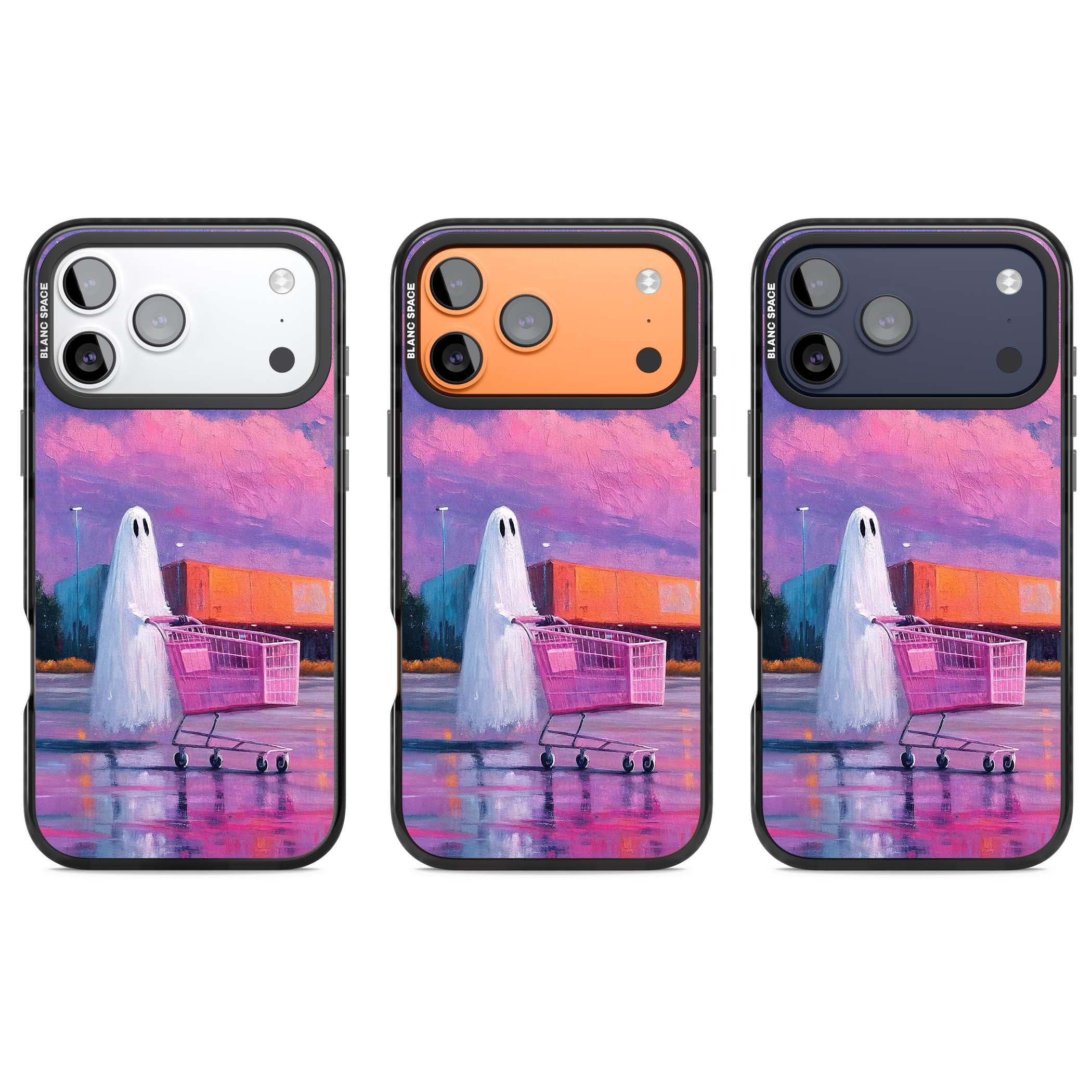 A Ghost's Errand ghost halloween iPhone case featuring a painted ghost, pink shopping trolley and purple sunset sky | Black Impact Magsafe case for iPhone 17 Pro, iPhone 17 Pro Max