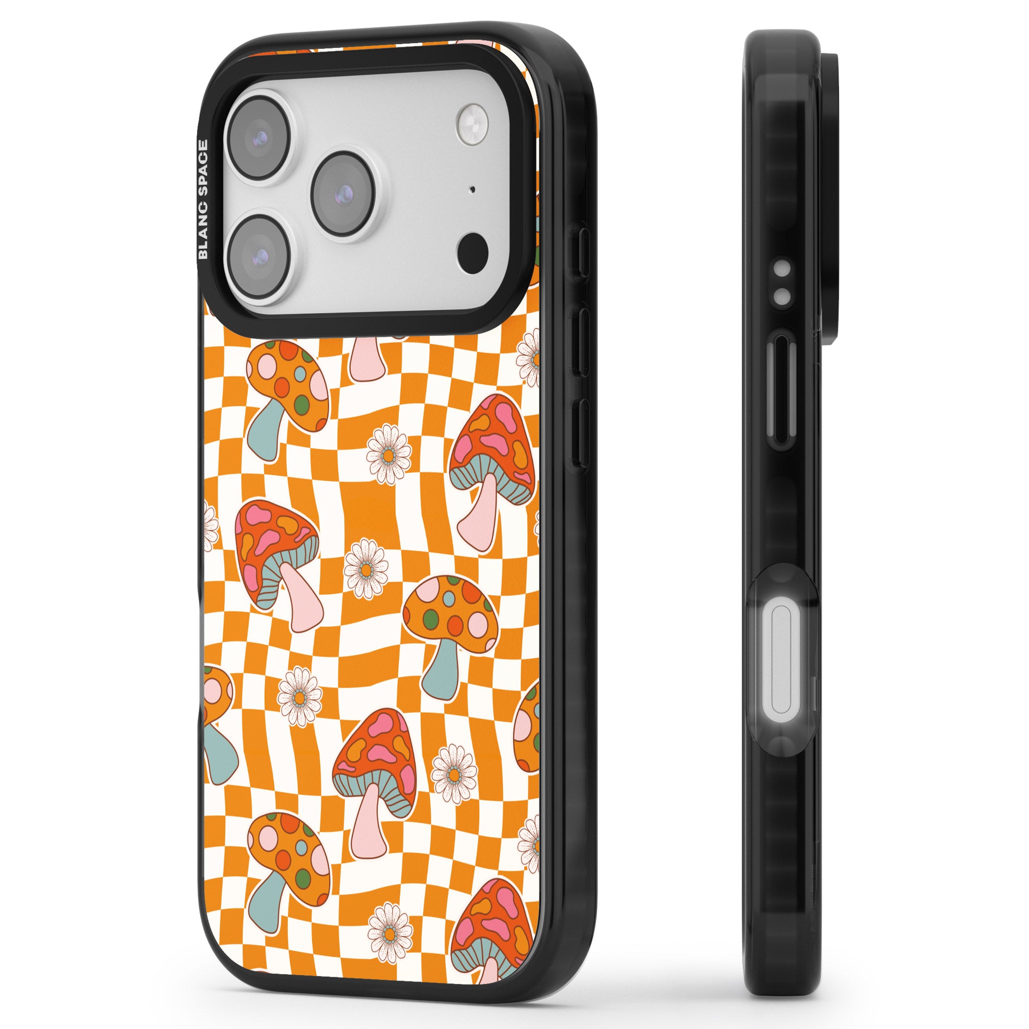 Wavy Checked Shrooms iPhone 17 Pro Impact Pro Black Phone Case Side Profile