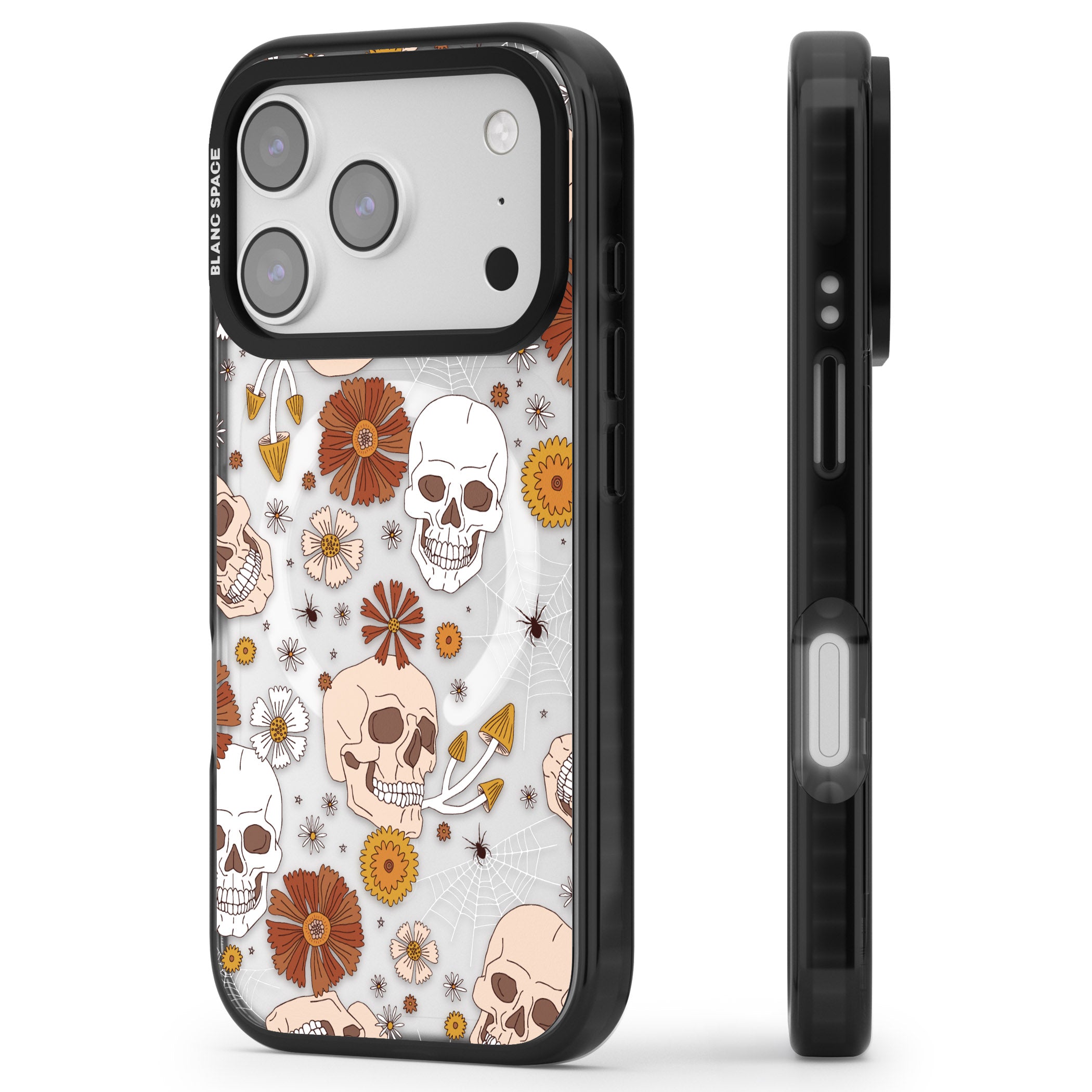 Halloween Skulls And Flowers iPhone 17 Pro Impact Pro Black Phone Case Side Profile