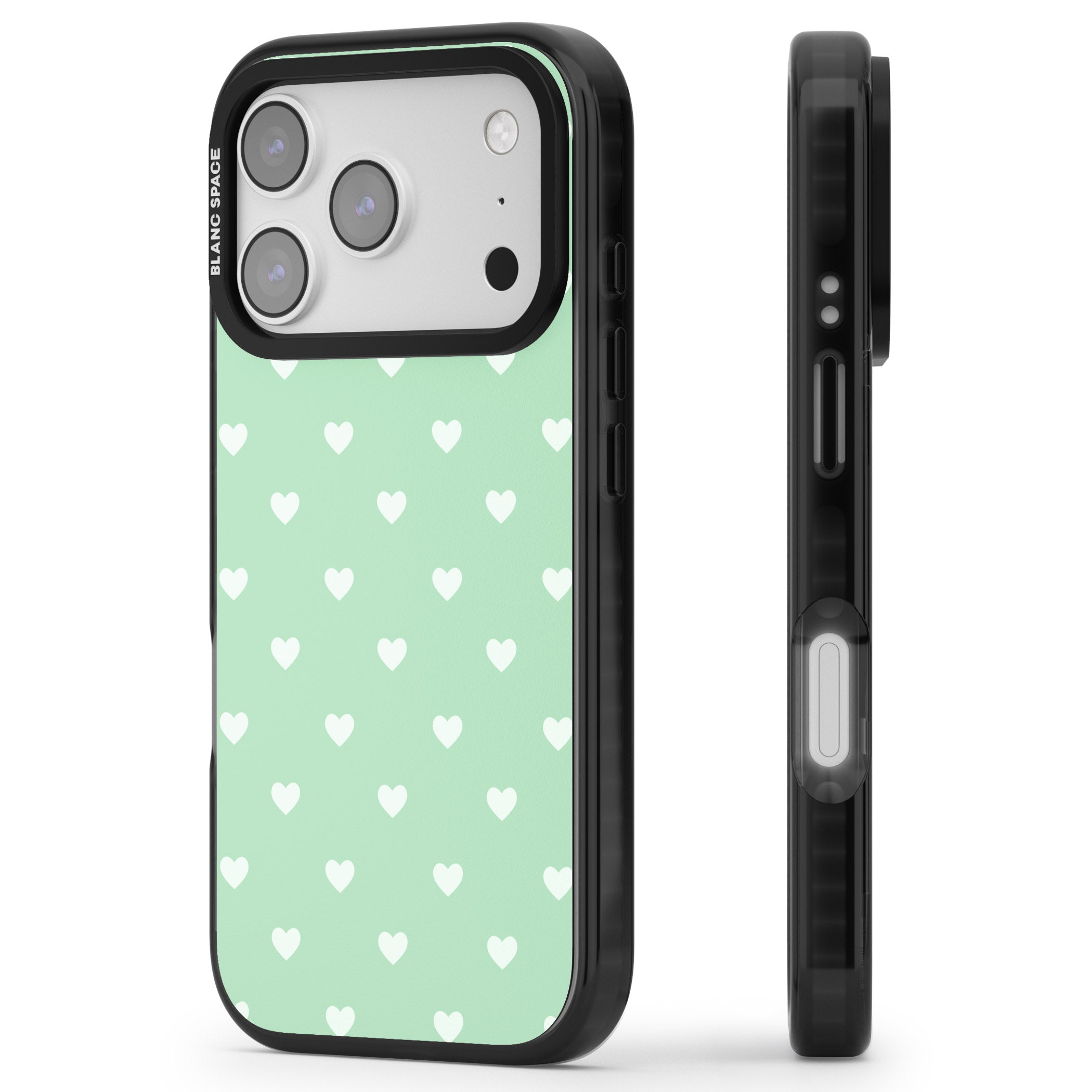Small Heart Pattern: Green iPhone 17 Pro Max Impact Pro Black Phone Case Side Profile