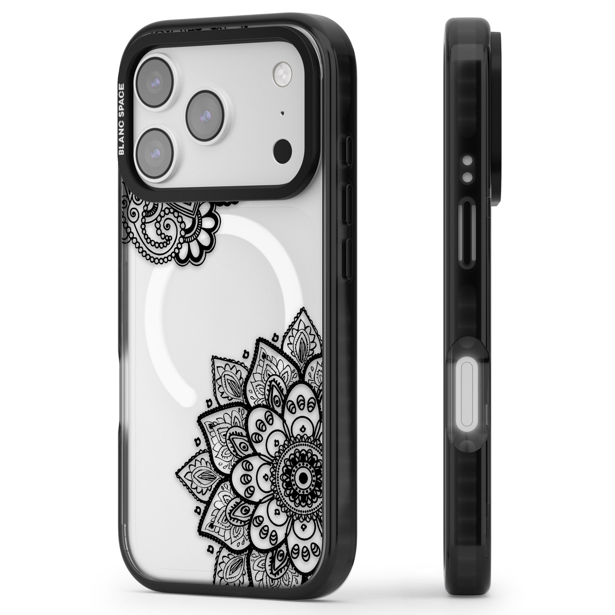 Black Henna Florals iPhone 17 Pro Impact Pro Black Phone Case Side Profile