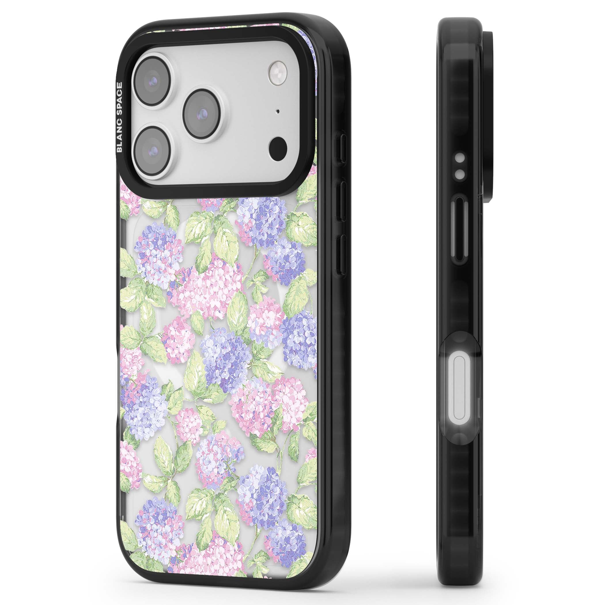 Cottage Hydrangea cottagecore iPhone case featuring pink and purple hydrangea blooms with green leaves on a clear background | Black Impact Magsafe case for iPhone 17 Pro, iPhone 17 Pro Max