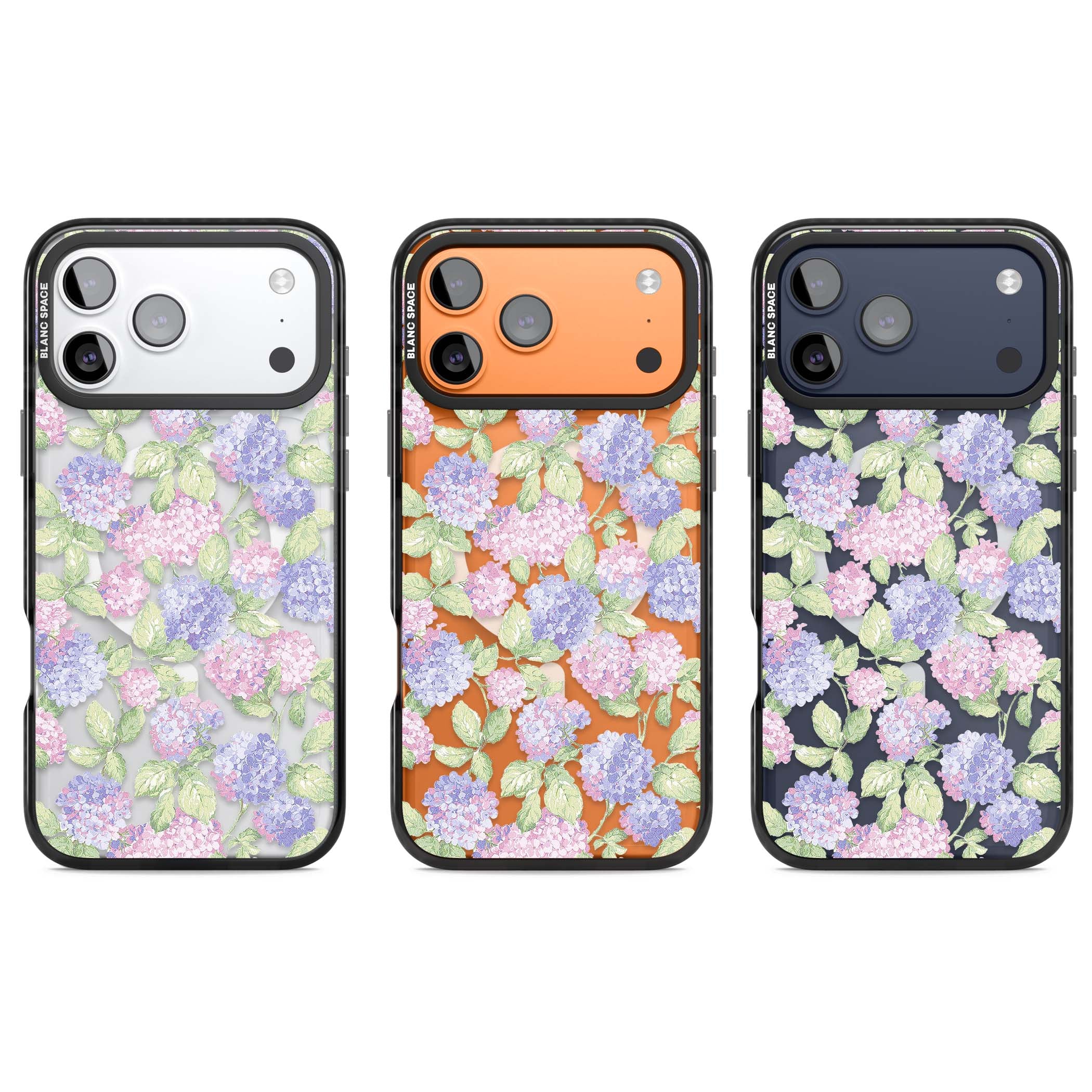 Cottage Hydrangea cottagecore iPhone case featuring pink and purple hydrangea blooms with green leaves on a clear background | Black Impact Magsafe case for iPhone 17 Pro, iPhone 17 Pro Max