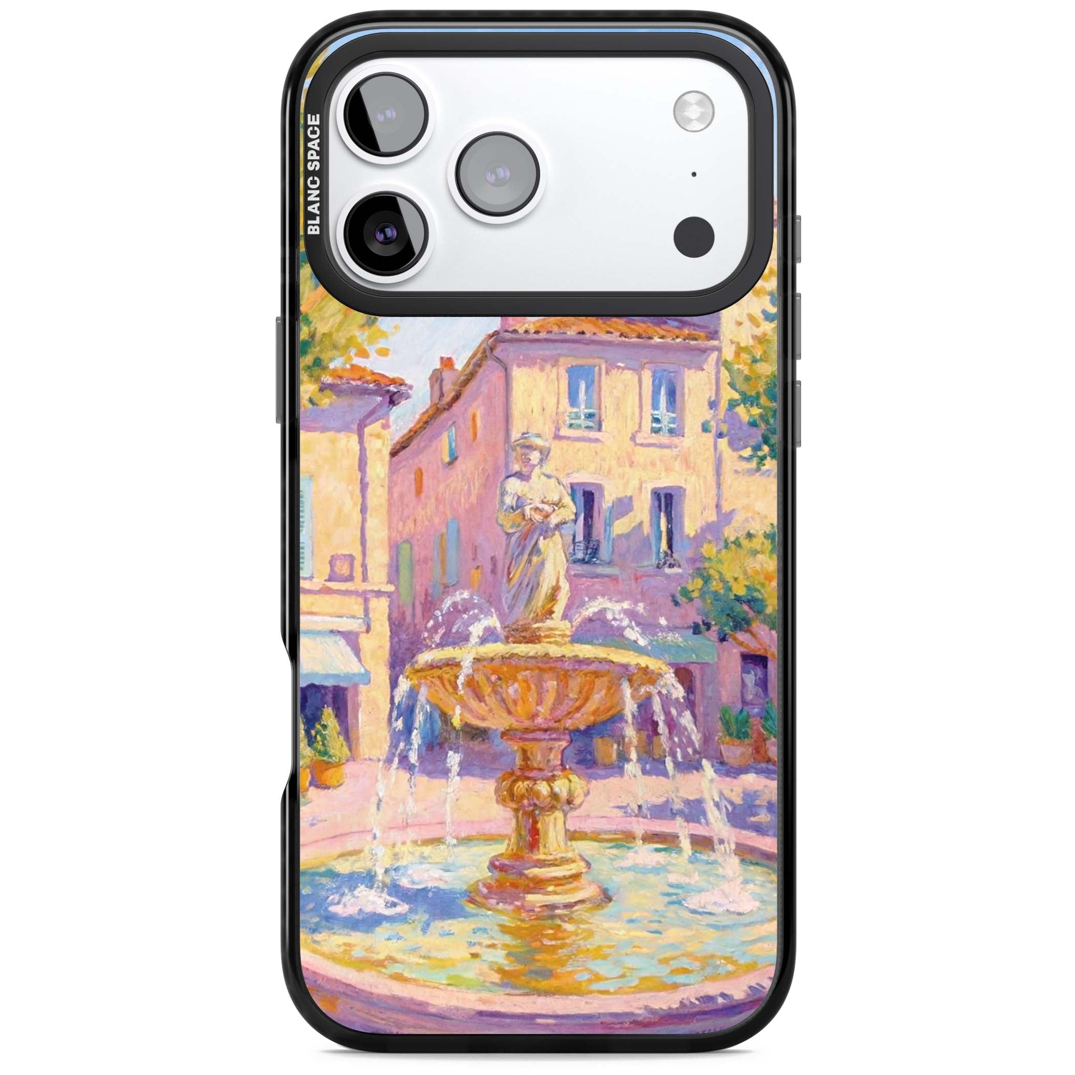 Fountain Square fine art iPhone case featuring an impressionist Provençal fountain, pastel village buildings and summe | Black Impact Magsafe case for iPhone 17 Pro, iPhone 17 Pro Max