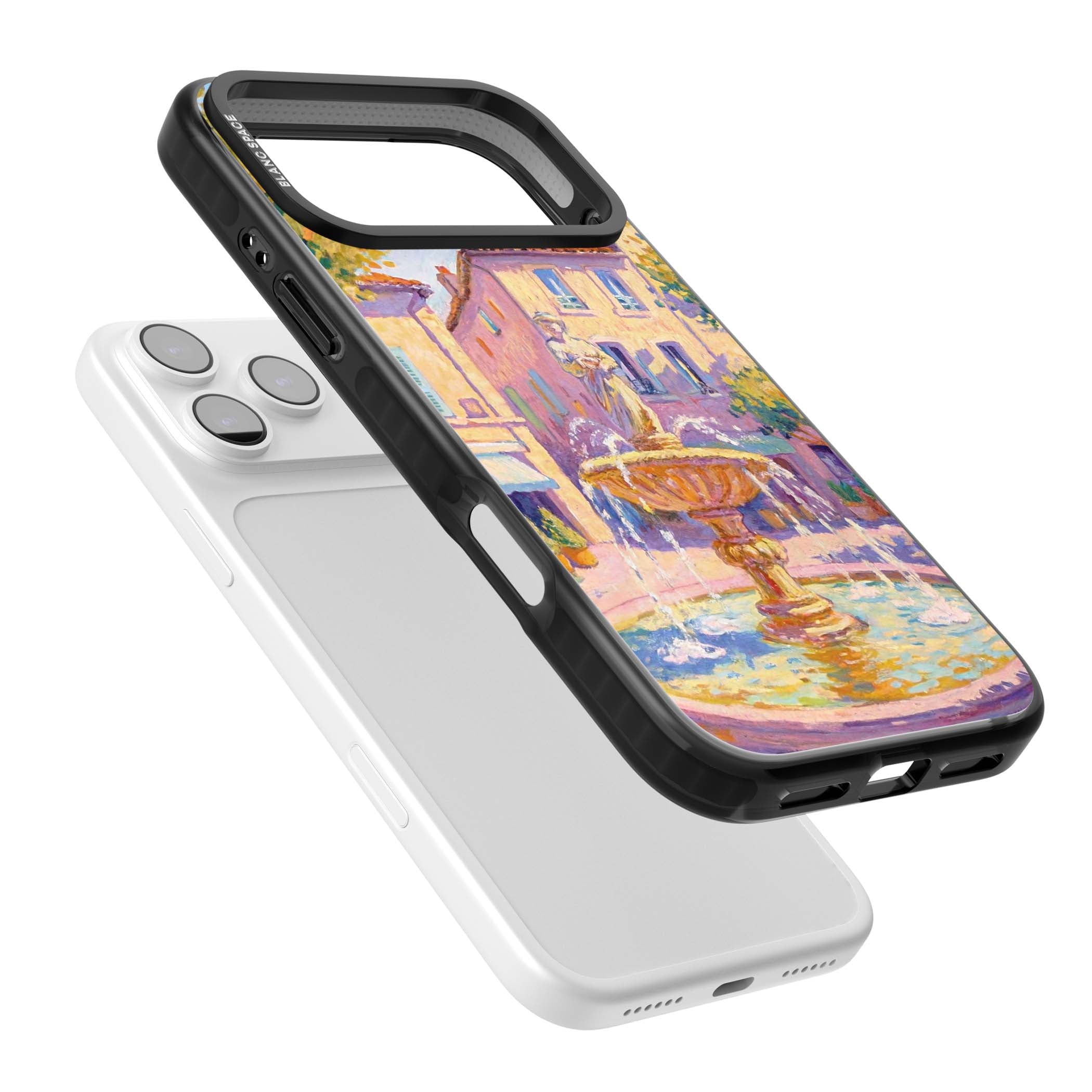 Fountain Square fine art iPhone case featuring an impressionist Provençal fountain, pastel village buildings and summe | Black Impact Magsafe case for iPhone 17 Pro, iPhone 17 Pro Max