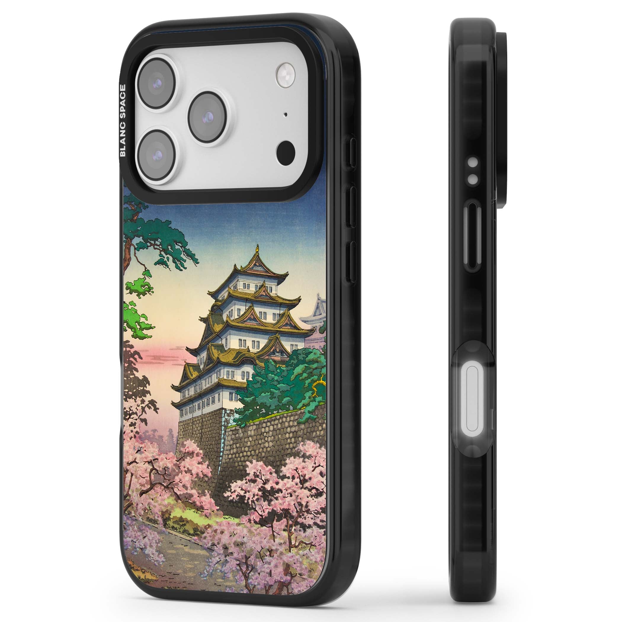 Nagoya Castle Japanese iPhone case featuring a vintage pagoda, twilight sky and cherry blossom trees | Black Impact Magsafe case for iPhone 17 Pro, iPhone 17 Pro Max