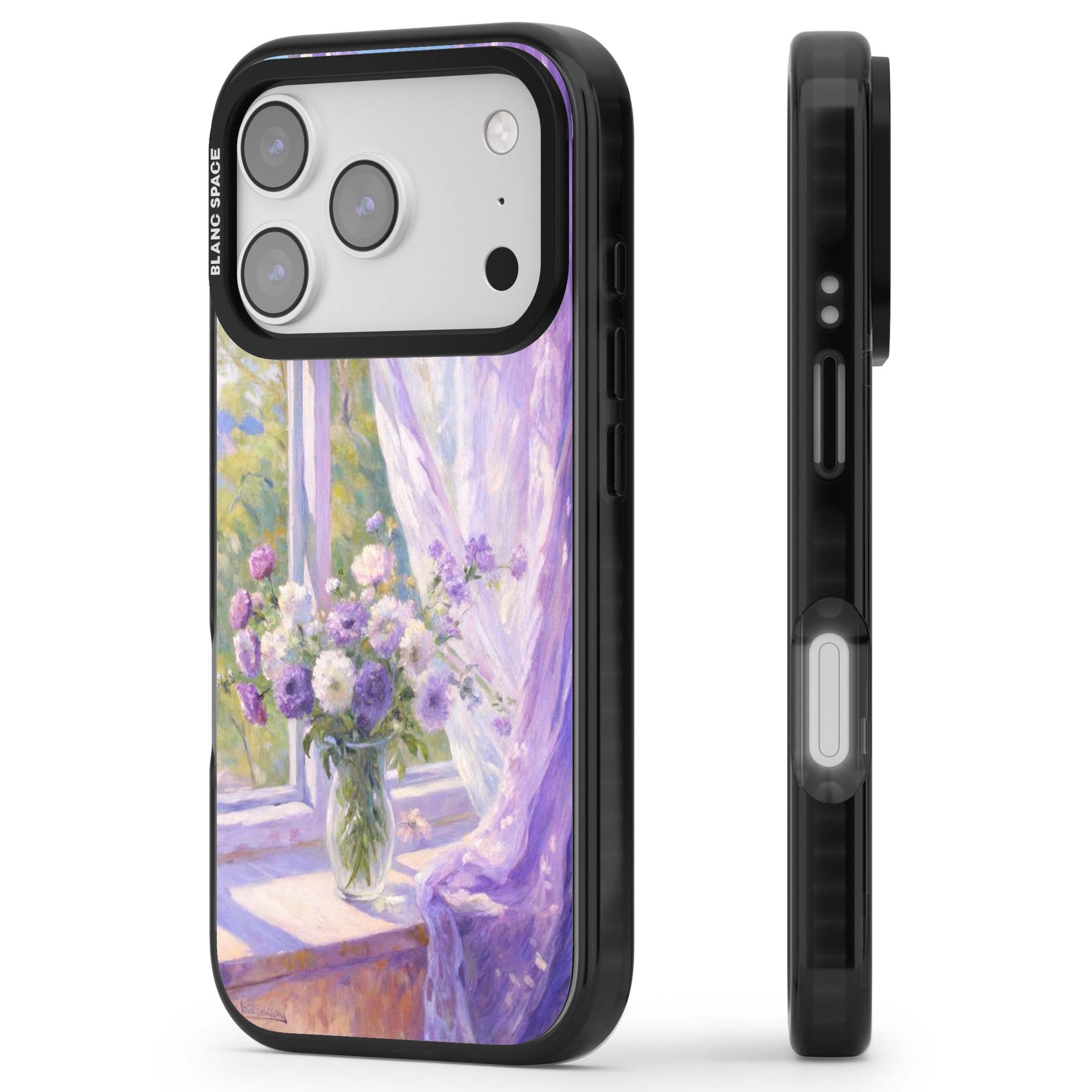 A Provence Morning impressionist art iPhone case featuring a vase of purple flowers, sunlit window and sheer curt | Black Impact Magsafe case for iPhone 17 Pro, iPhone 17 Pro Max