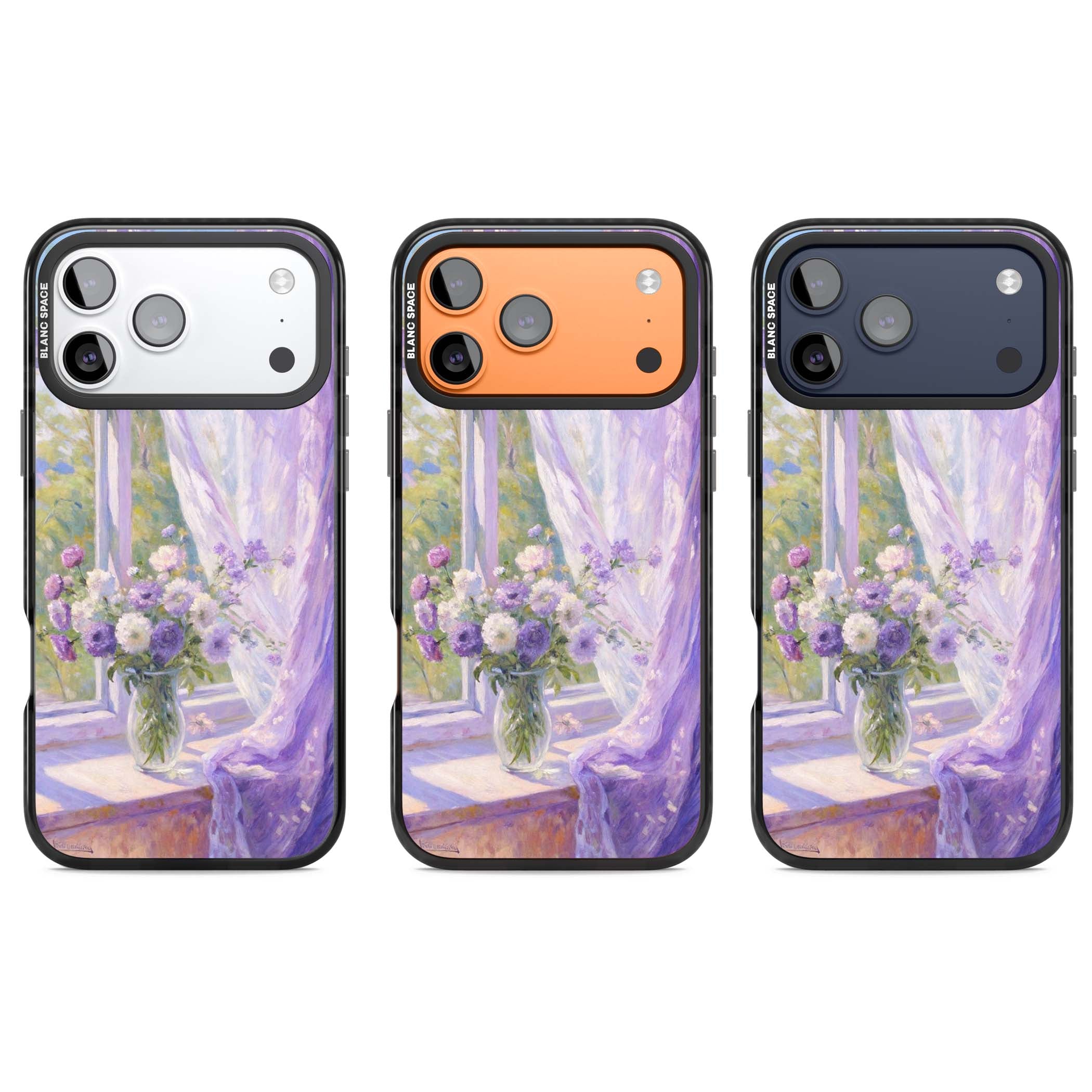 A Provence Morning impressionist art iPhone case featuring a vase of purple flowers, sunlit window and sheer curt | Black Impact Magsafe case for iPhone 17 Pro, iPhone 17 Pro Max