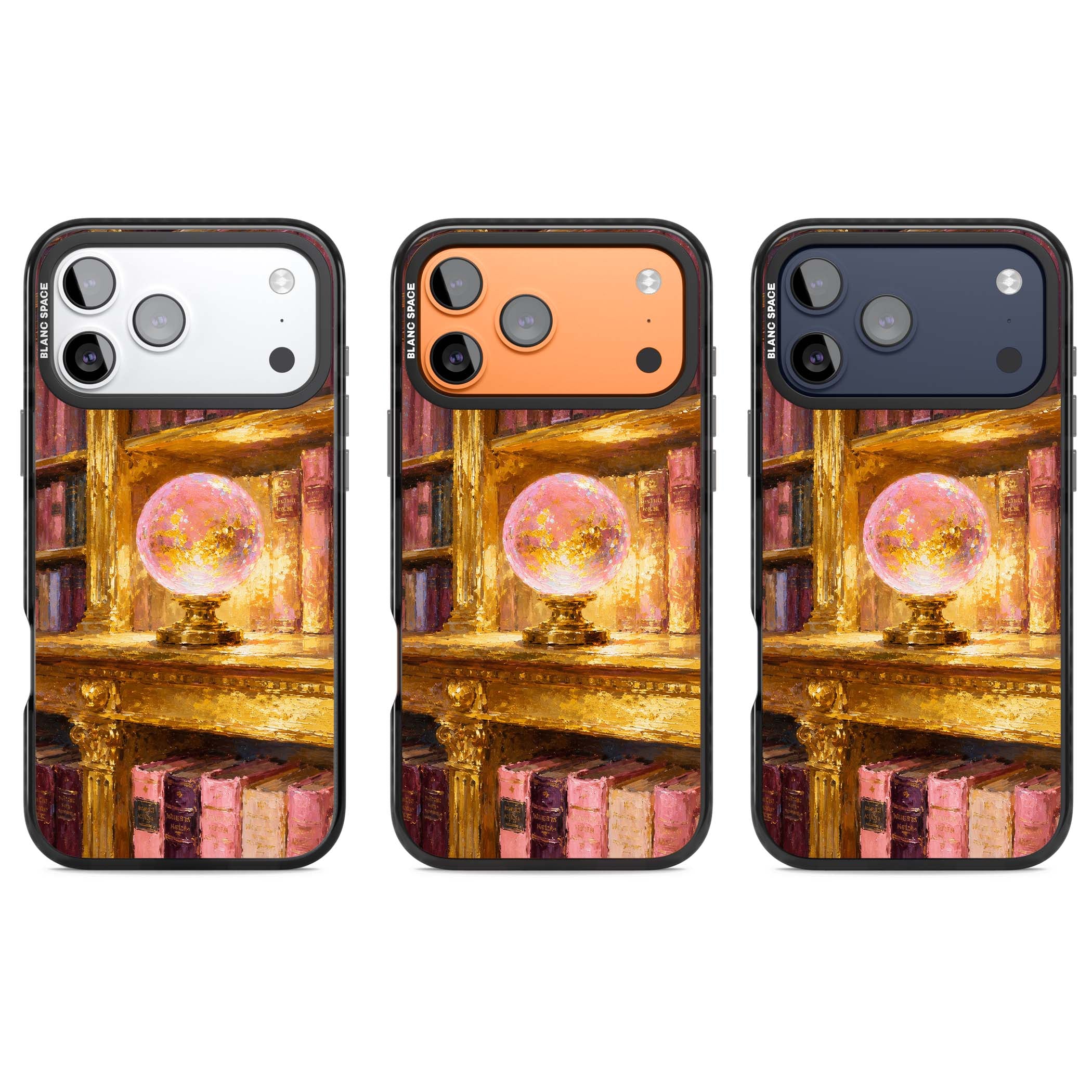 Gilded Library dark academia iPhone case featuring an oil painted crystal ball on a gilded library shelf with vintage | Black Impact Magsafe case for iPhone 17 Pro, iPhone 17 Pro Max