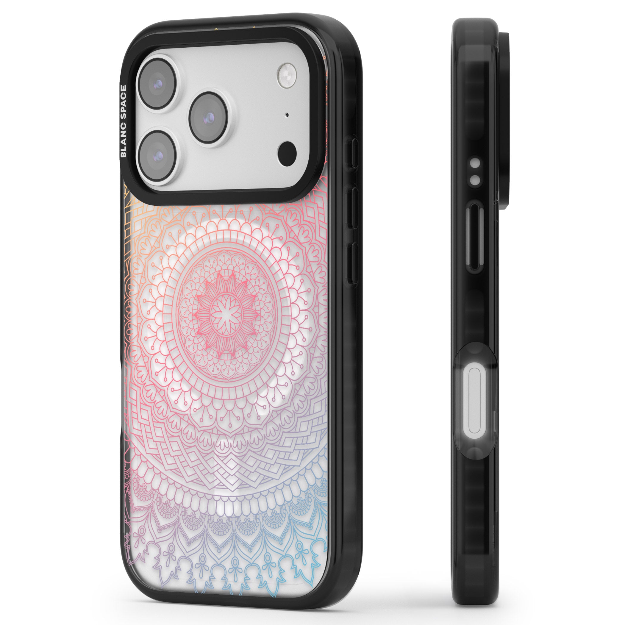 Rainbow Mandala iPhone 17 Pro Impact Pro Black Phone Case Side Profile