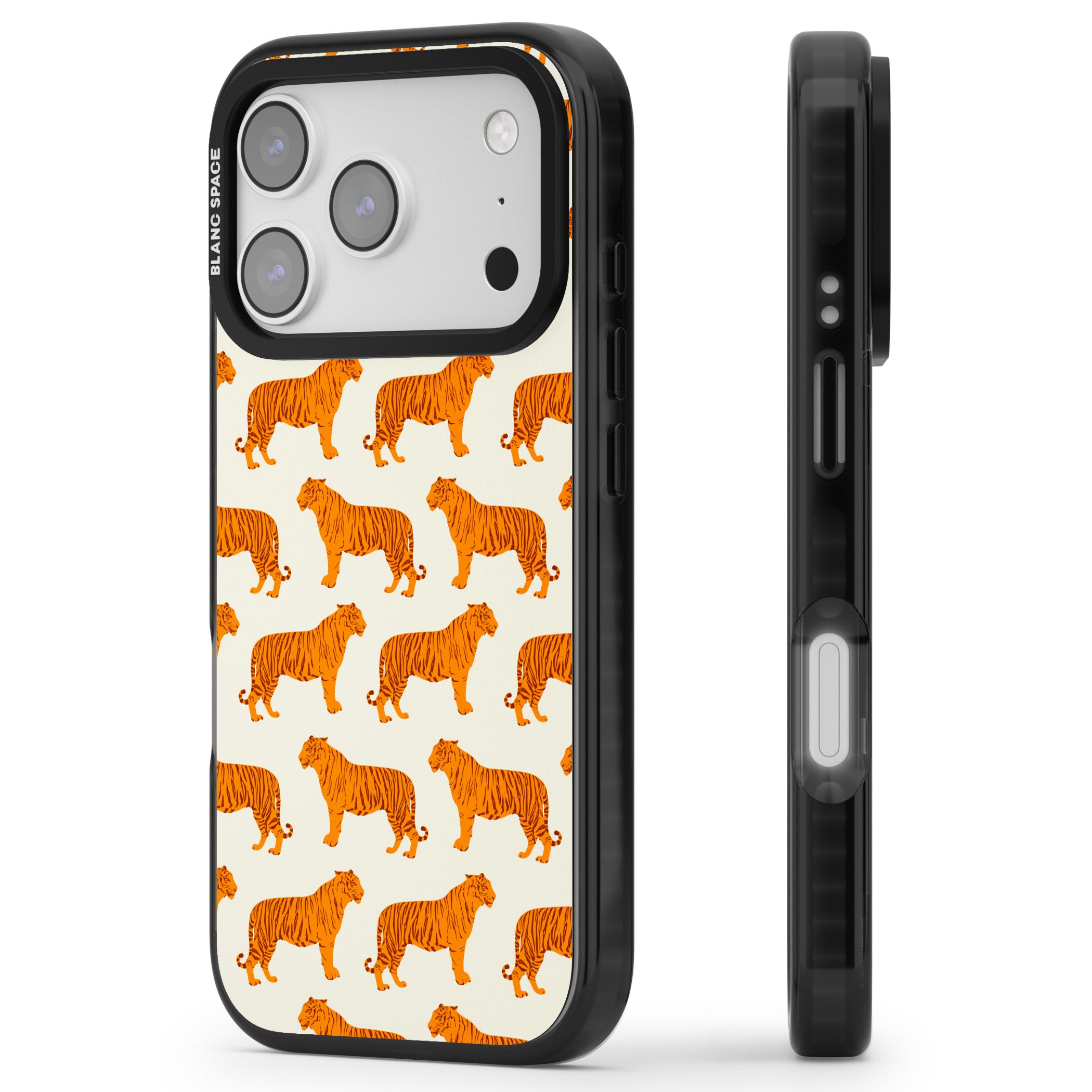 Trendy Tiger Patterns Tigers On Khaki iPhone 17 Pro Impact Pro Black Phone Case Side Profile