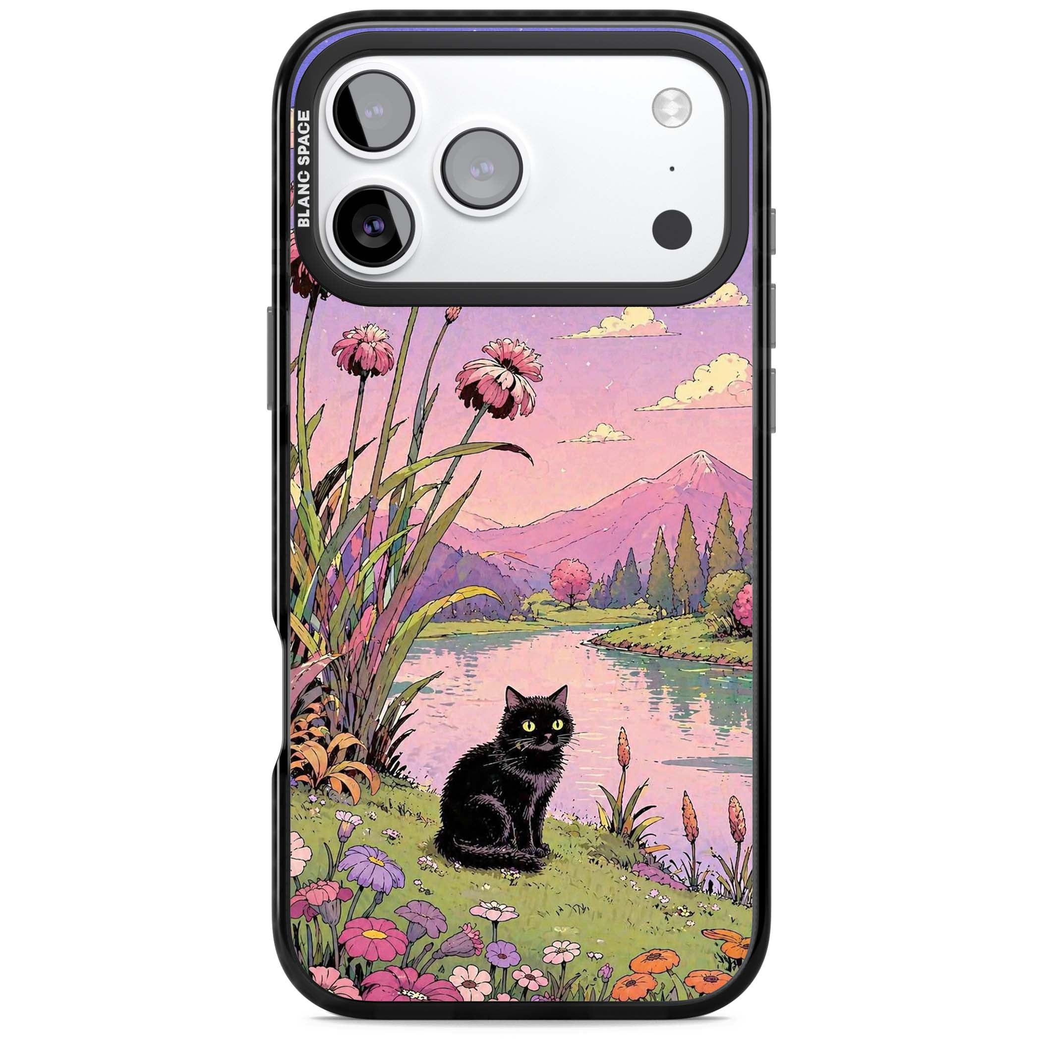 Mystic Whiskers ghibli iPhone case featuring a black cat by a pastel lake, wildflowers and a starry sunset sky | Black Impact Magsafe case for iPhone 17 Pro, iPhone 17 Pro Max