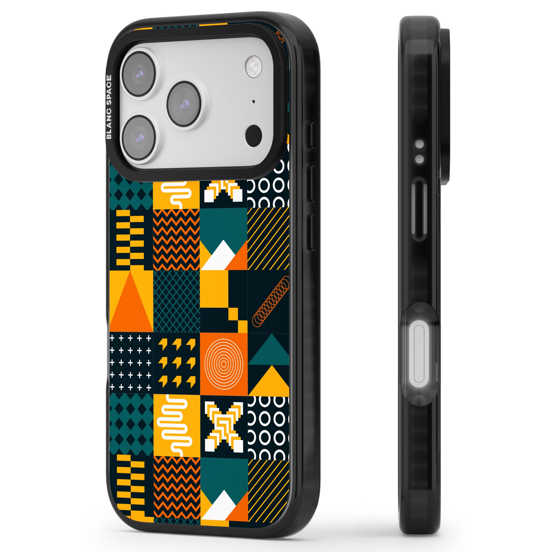 Funky Geometric Patterns: Orange & Dark Green iPhone 17 Pro Impact Pro Black Phone Case Side Profile