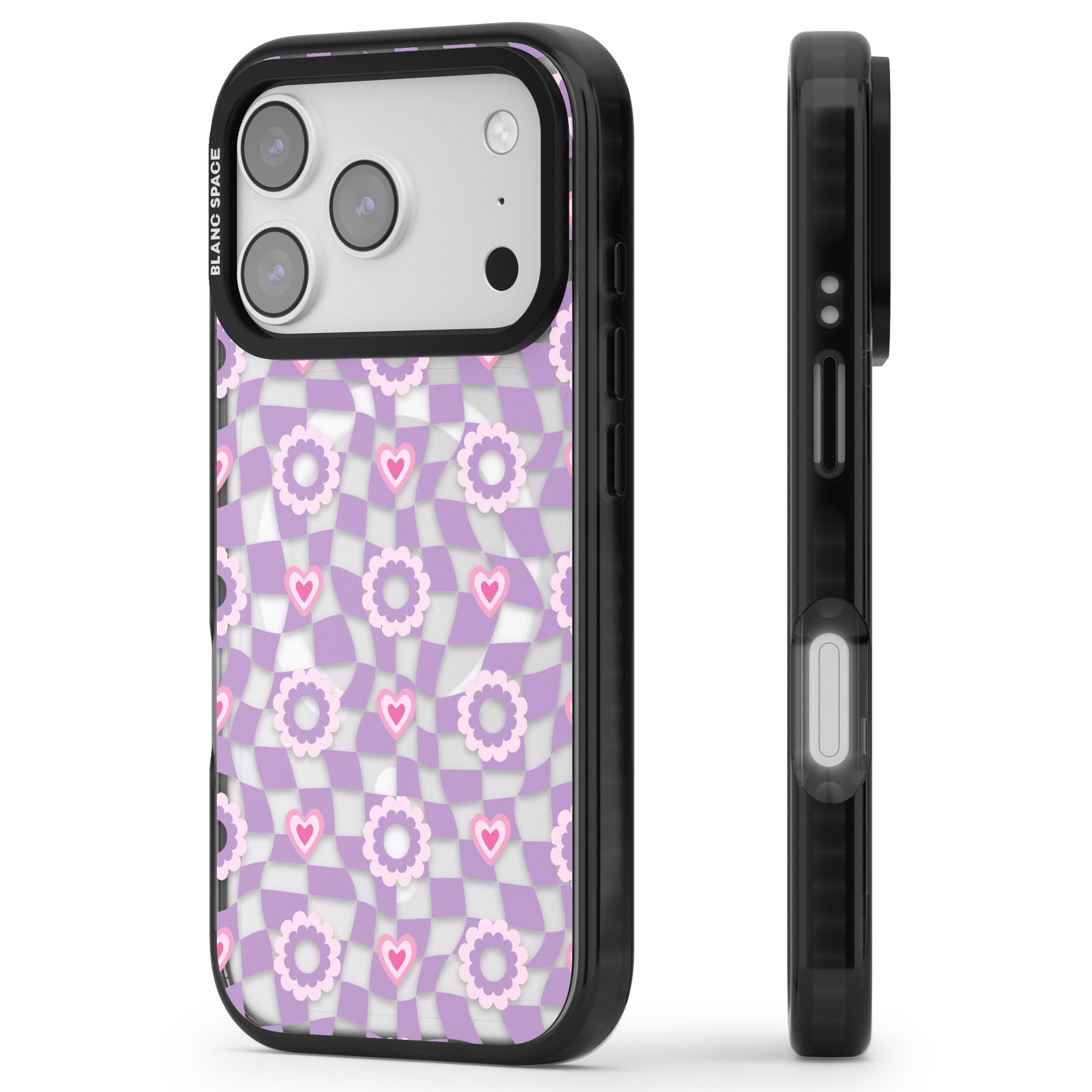 Checkered Love Pattern iPhone 17 Pro Impact Pro Black Phone Case Side Profile