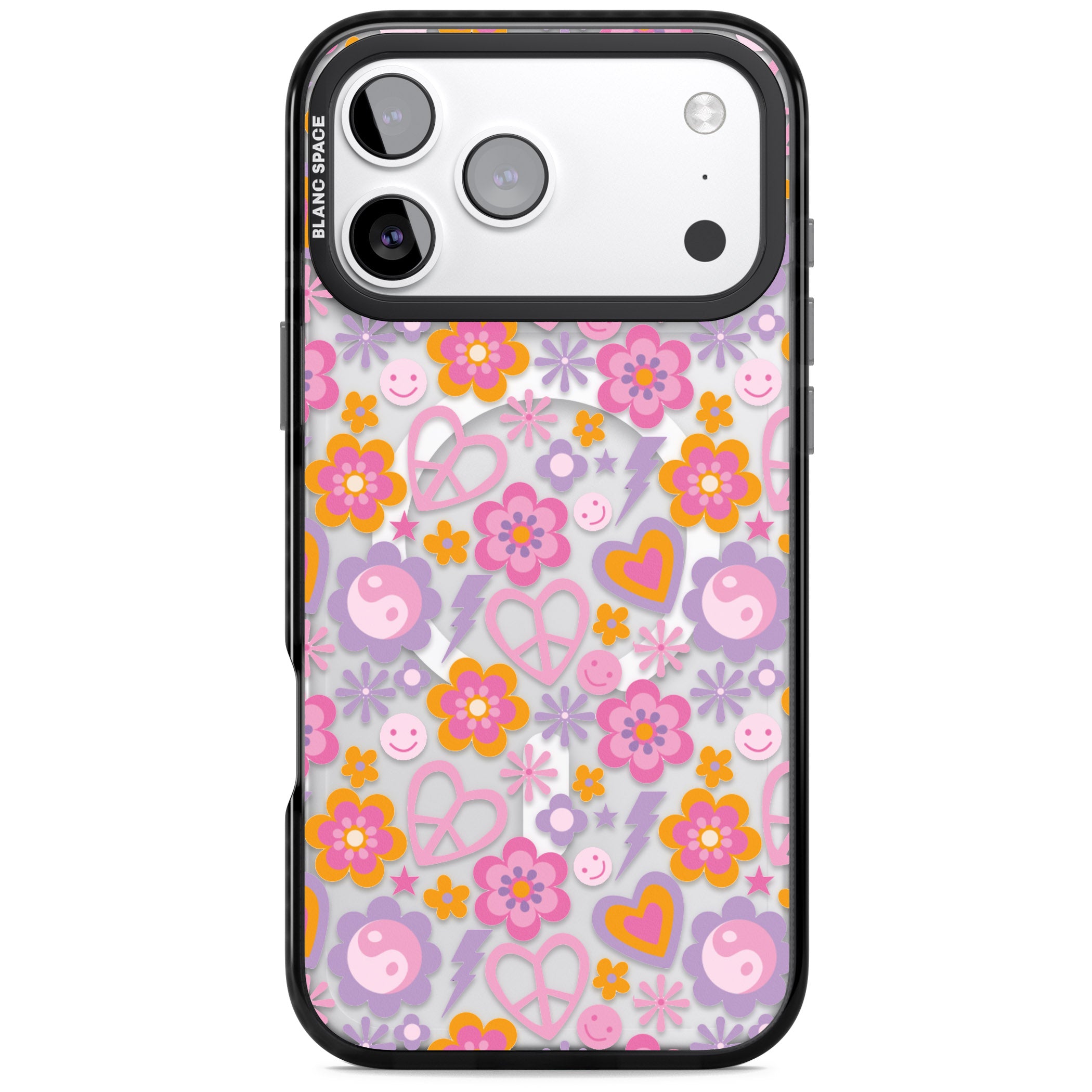 Peace, Love And Flowers Pattern iPhone 17 Pro Impact Pro Black Phone Case