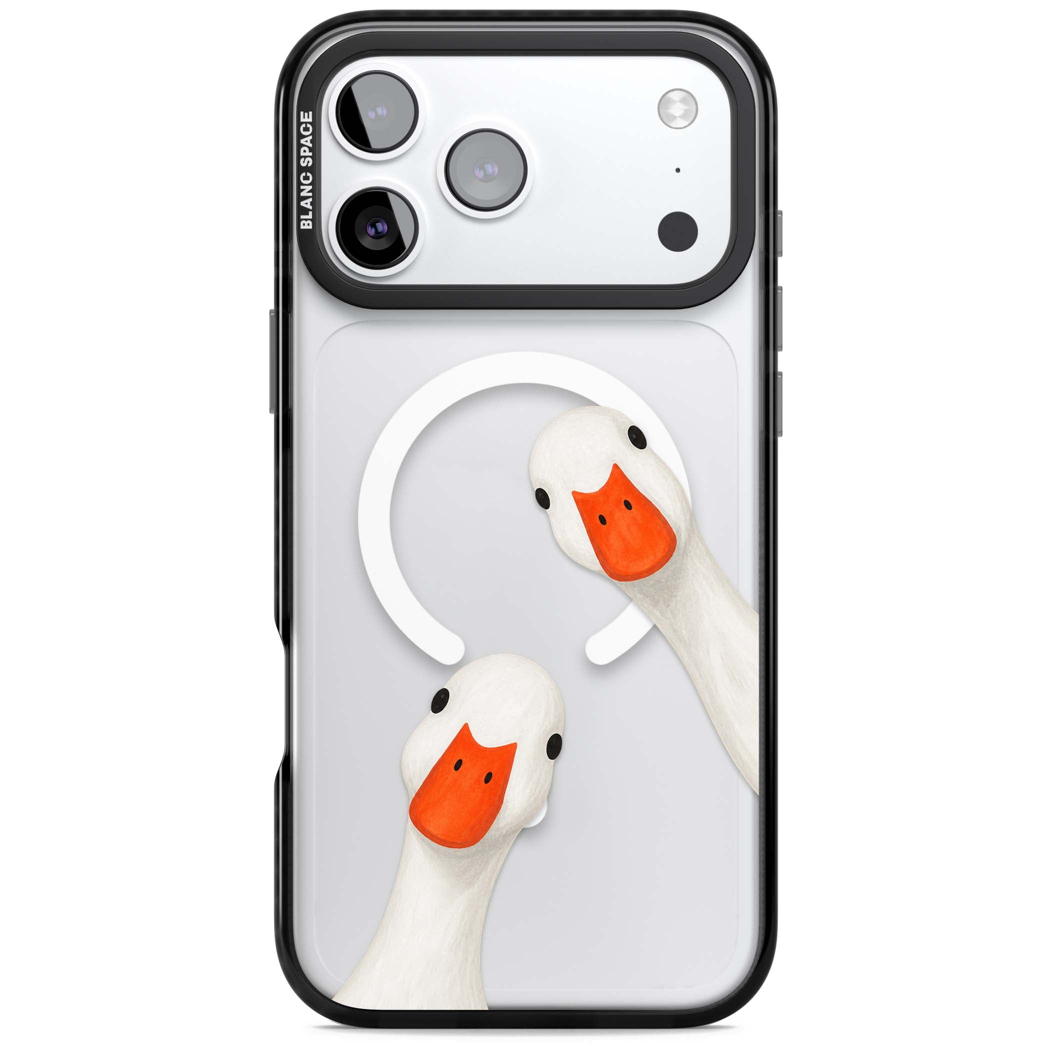 Nosy Ducks cottagecore iPhone case featuring two peeking white ducks with orange beaks on a clear background | Black Impact Magsafe case for iPhone 17 Pro, iPhone 17 Pro Max