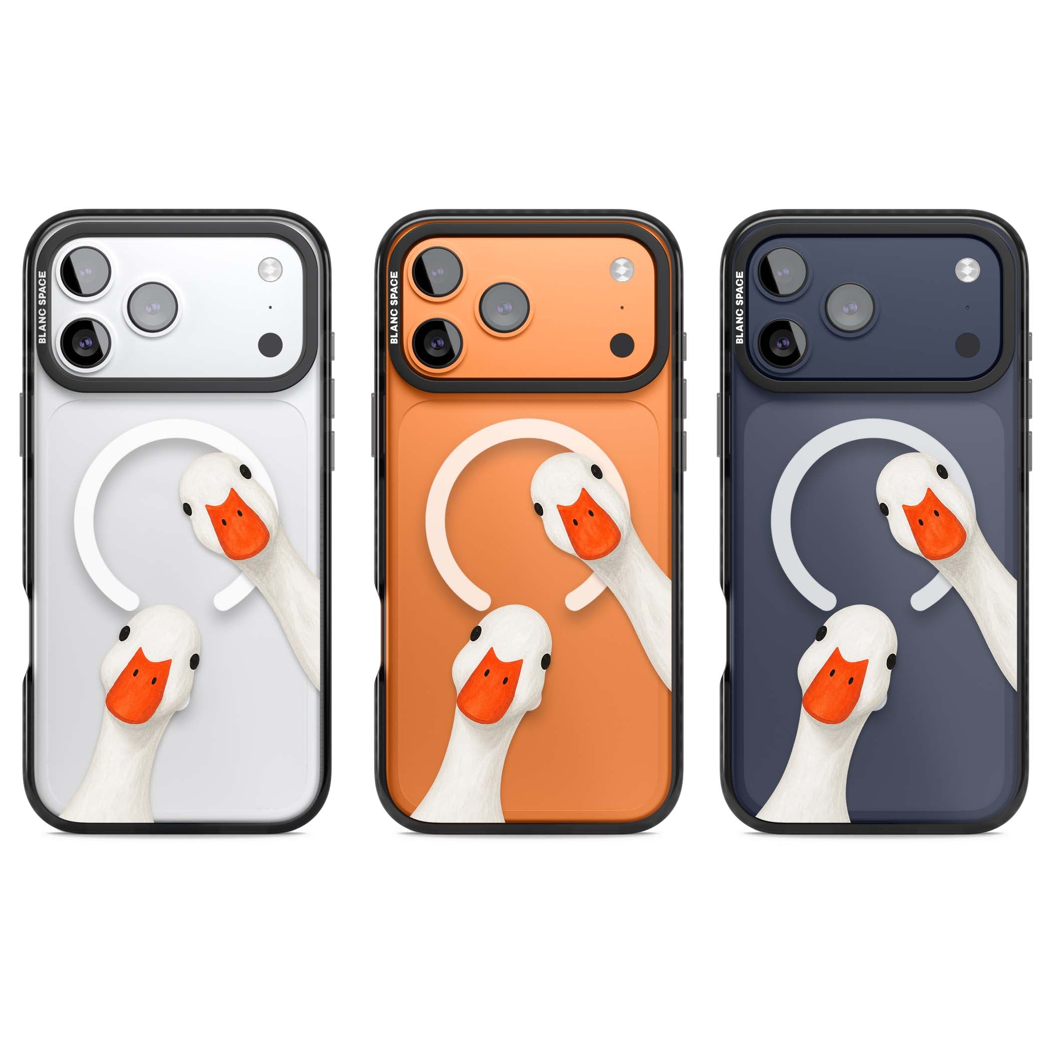 Nosy Ducks cottagecore iPhone case featuring two peeking white ducks with orange beaks on a clear background | Black Impact Magsafe case for iPhone 17 Pro, iPhone 17 Pro Max