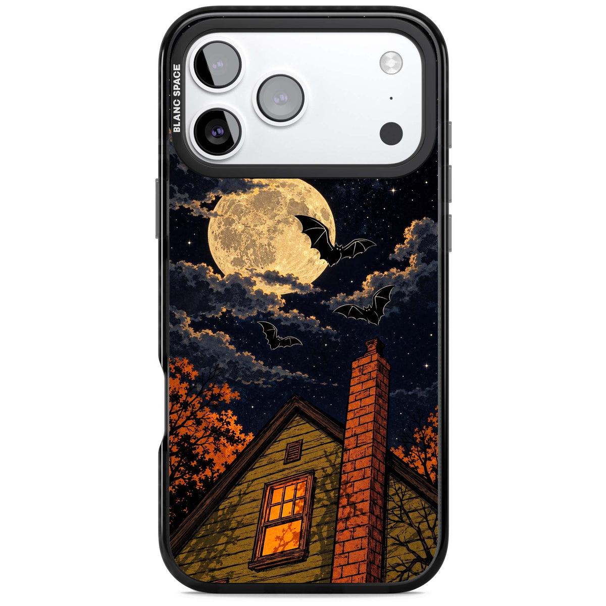 Hollows Eve Halloween iPhone case featuring a haunted house, full moon and flying bats against a starry autumn sky | Black Impact Magsafe case for iPhone 17 Pro, iPhone 17 Pro Max