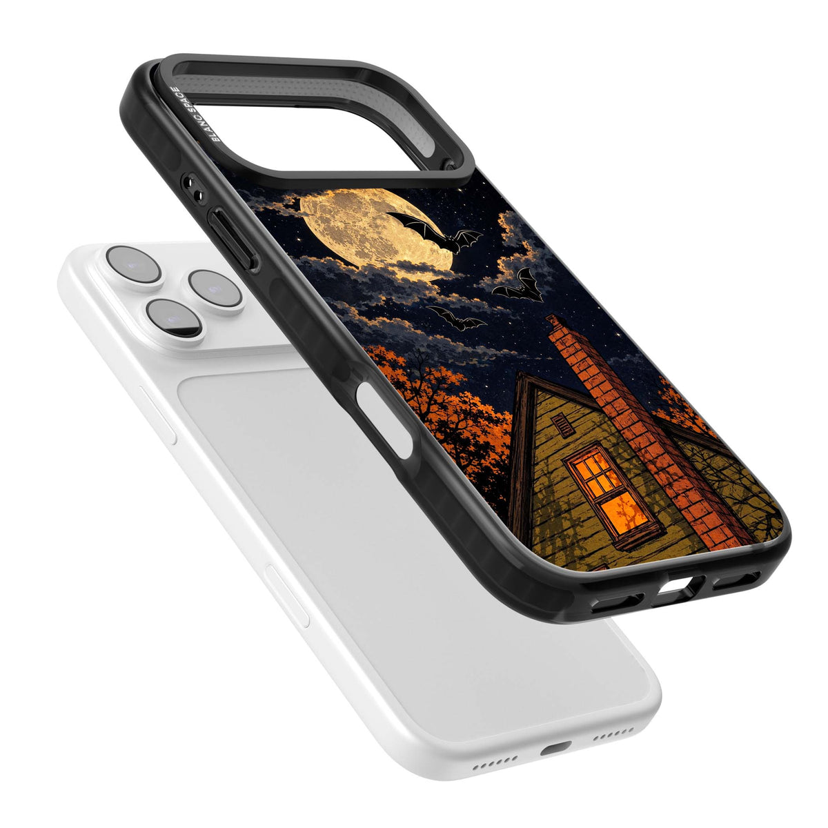 Hollows Eve Halloween iPhone case featuring a haunted house, full moon and flying bats against a starry autumn sky | Black Impact Magsafe case for iPhone 17 Pro, iPhone 17 Pro Max