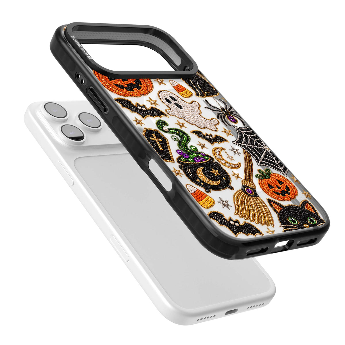 Beaded Halloween Halloween iPhone case featuring beaded pumpkins, ghosts, black cats and bats | Black Impact Magsafe case for iPhone 17 Pro, iPhone 17 Pro Max