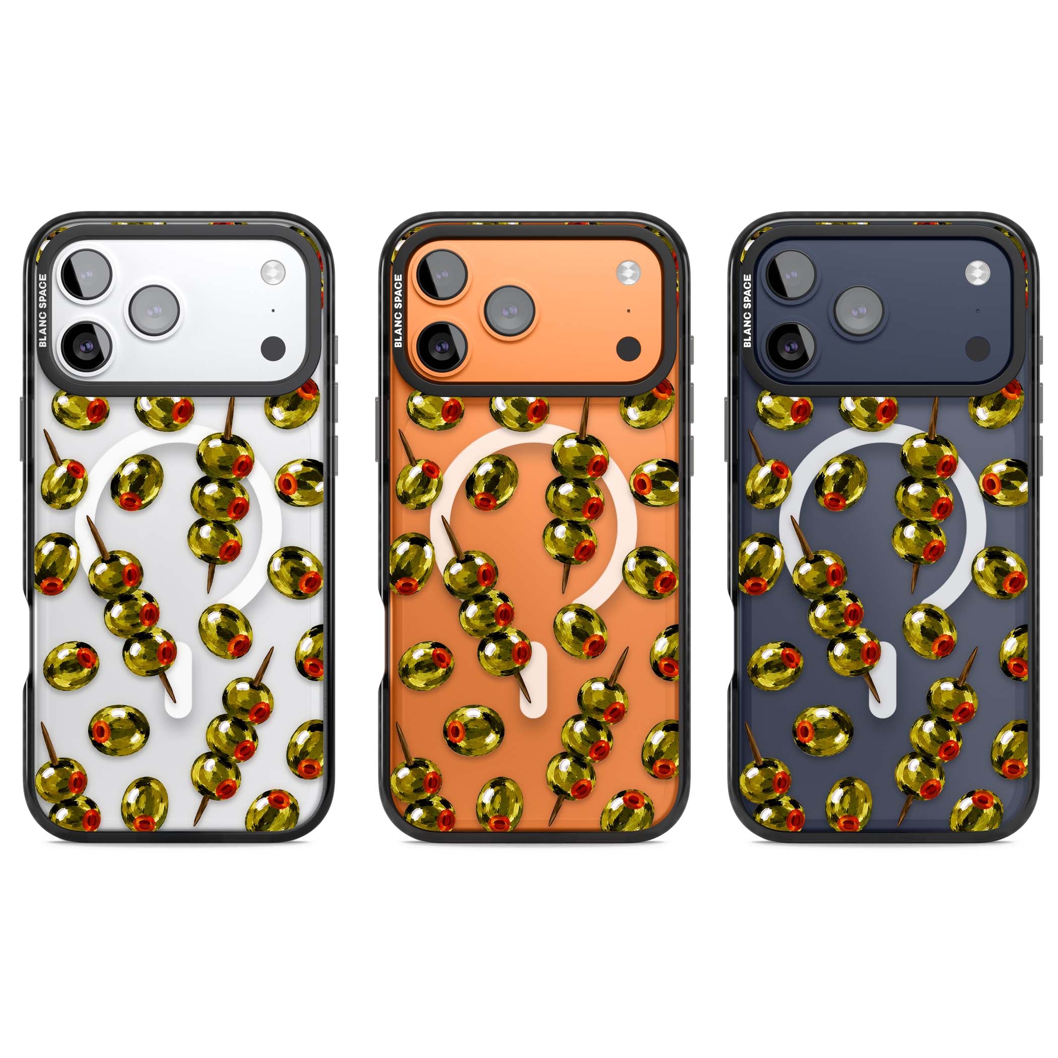 Painted Olives cocktail iPhone case featuring green olives, pimento centres and toothpick skewers on a clear background | Black Impact Magsafe case for iPhone 17 Pro, iPhone 17 Pro Max