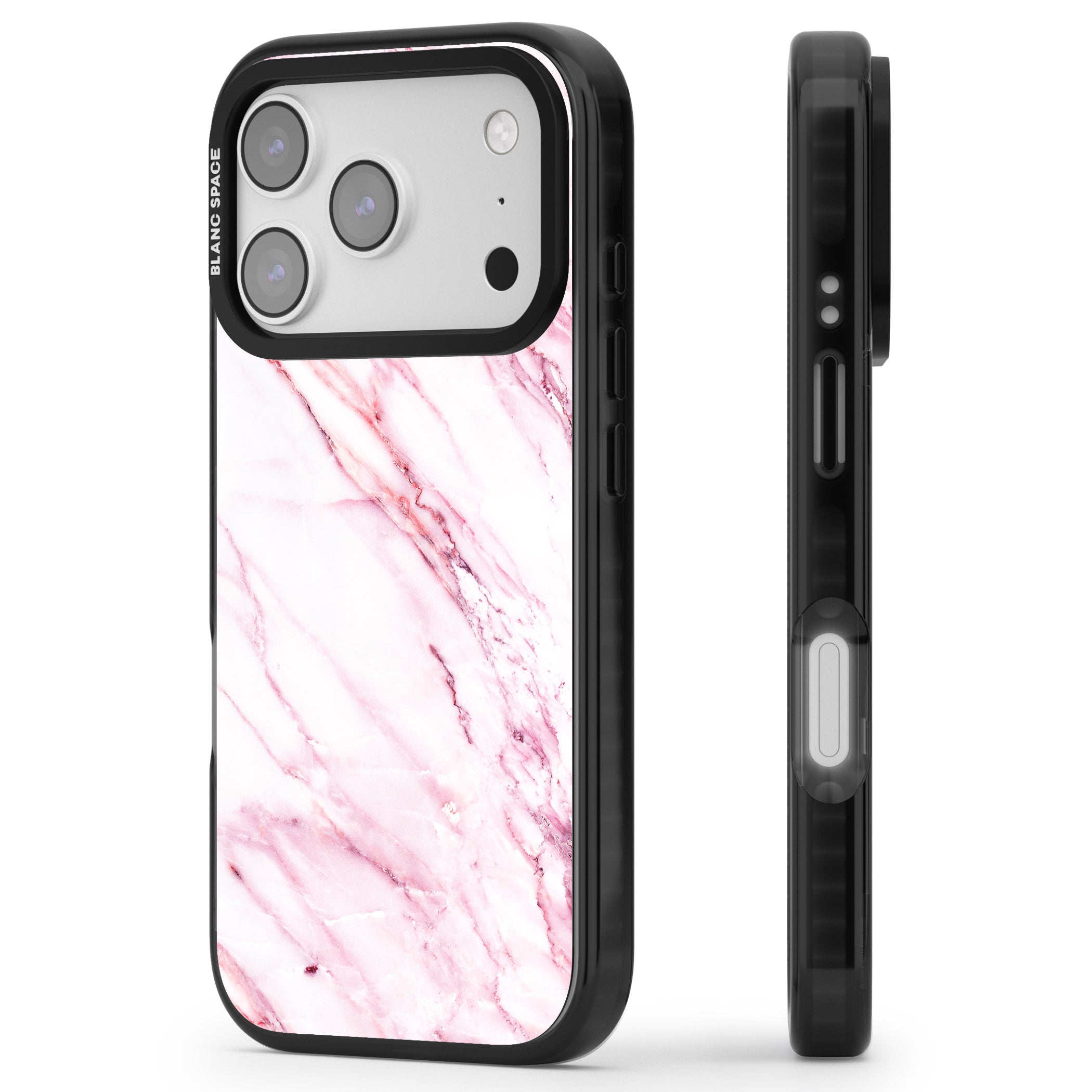 White Pink Onyx Marble iPhone 17 Pro Impact Pro Black Phone Case Side Profile