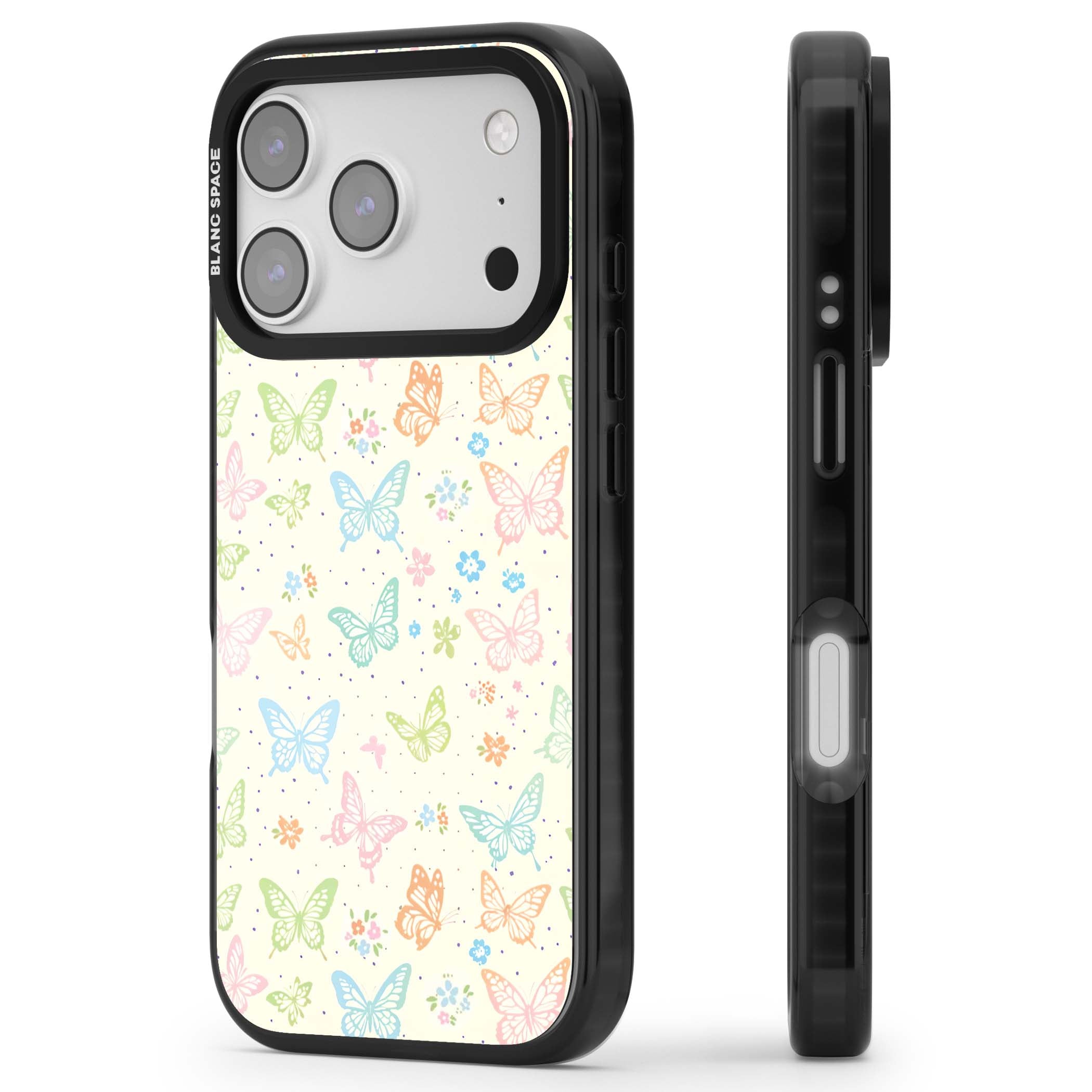 Sugar Wings cottagecore iPhone case featuring rainbow pastel butterflies, tiny wildflowers, and a cream background | Black Impact Magsafe case for iPhone 17 Pro, iPhone 17 Pro Max