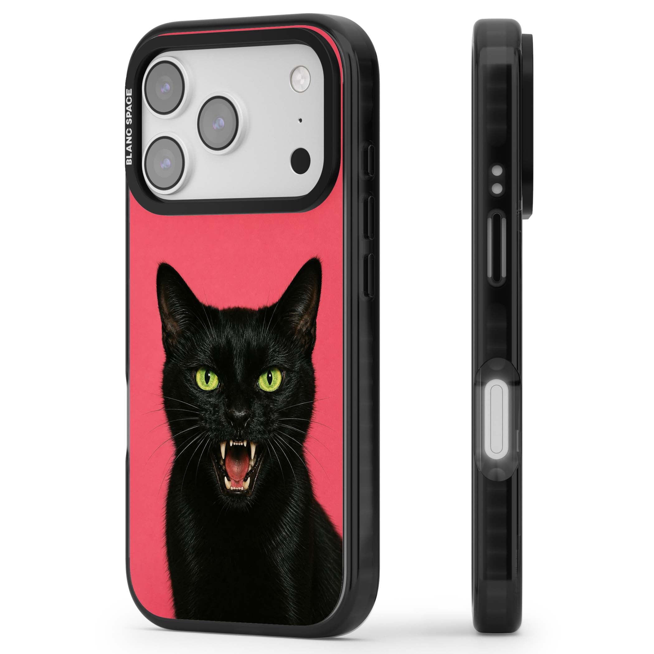 Hissin' Baddie black cat iPhone case featuring a hissing feline with green eyes on a hot pink background | Black Impact Magsafe case for iPhone 17 Pro, iPhone 17 Pro Max