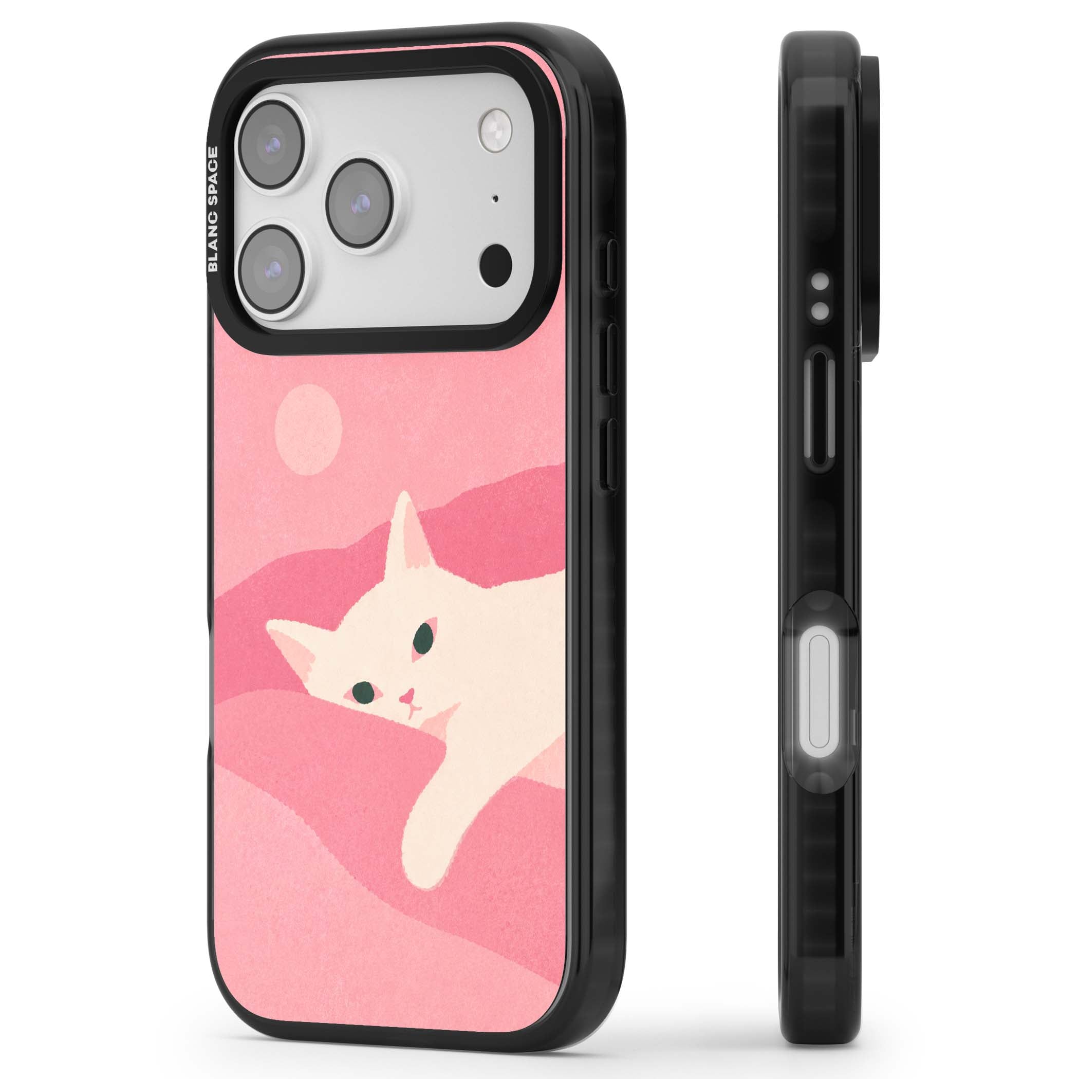 Pink Dreams cute cat iPhone case featuring a white kitten, soft pink hills and a pale pastel sun | Black Impact Magsafe case for iPhone 17 Pro, iPhone 17 Pro Max