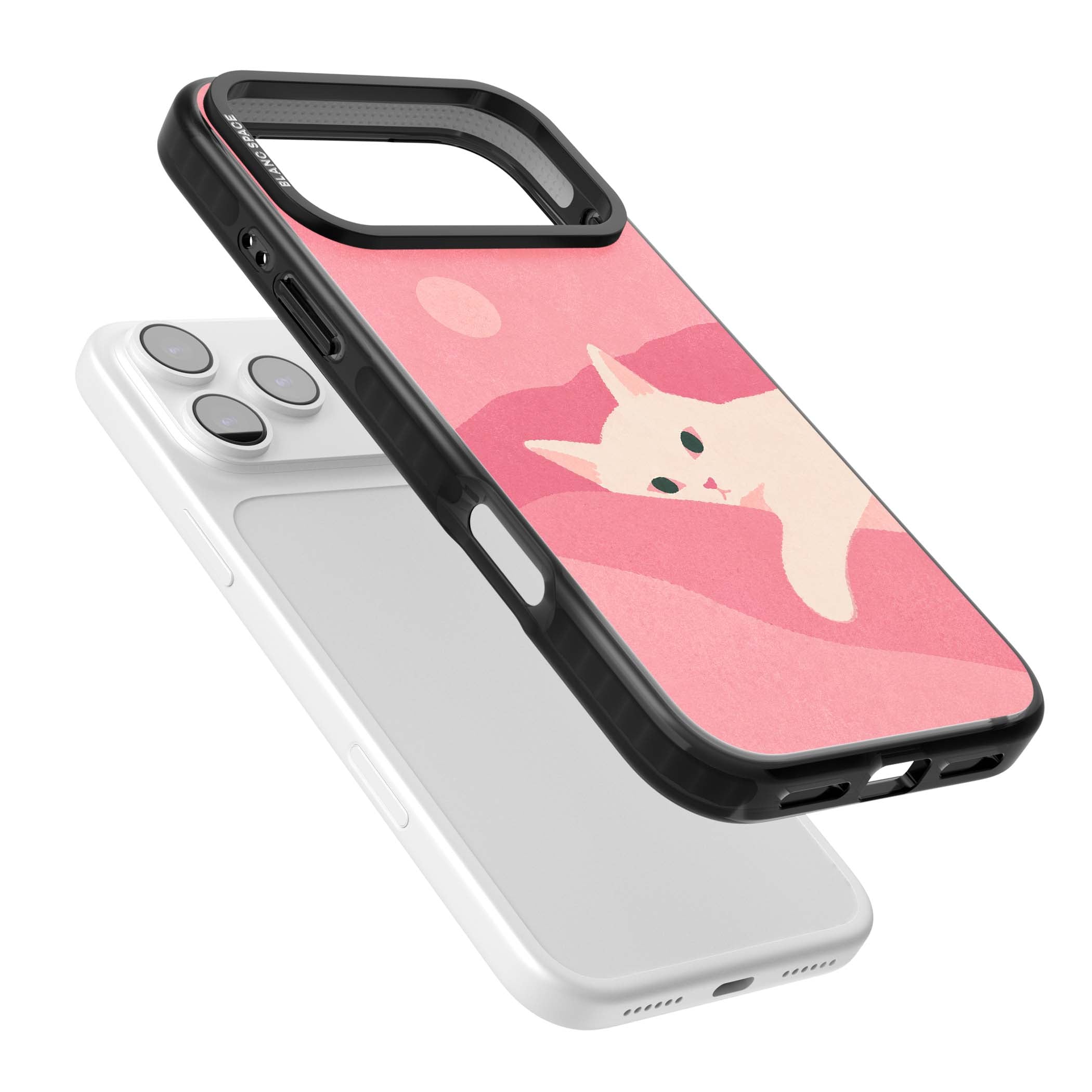Pink Dreams cute cat iPhone case featuring a white kitten, soft pink hills and a pale pastel sun | Black Impact Magsafe case for iPhone 17 Pro, iPhone 17 Pro Max