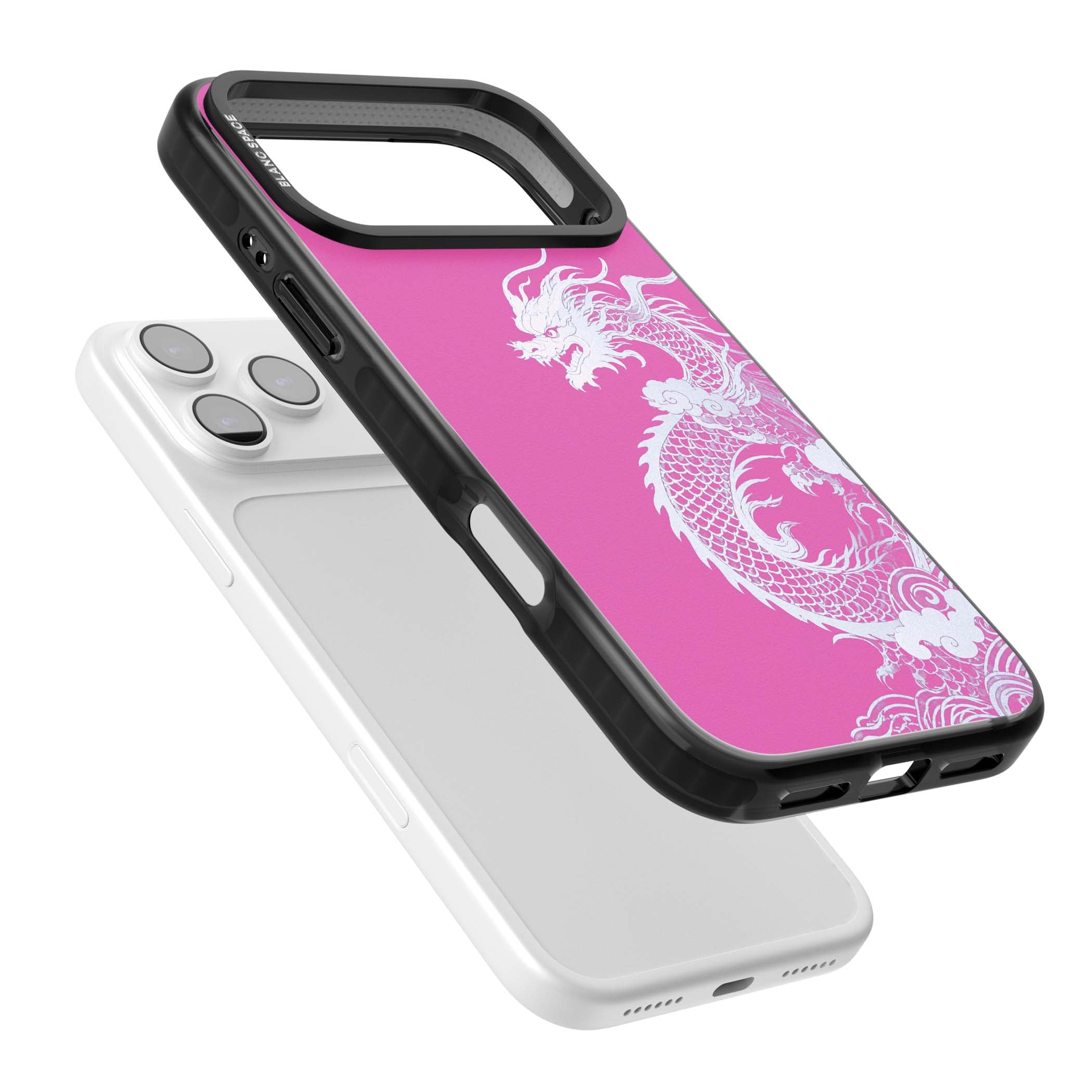 Pink Empress chinese dragon iPhone case featuring a white dragon, swirling clouds and pink dragon wallpaper backdrop | Black Impact Magsafe case for iPhone 17 Pro, iPhone 17 Pro Max