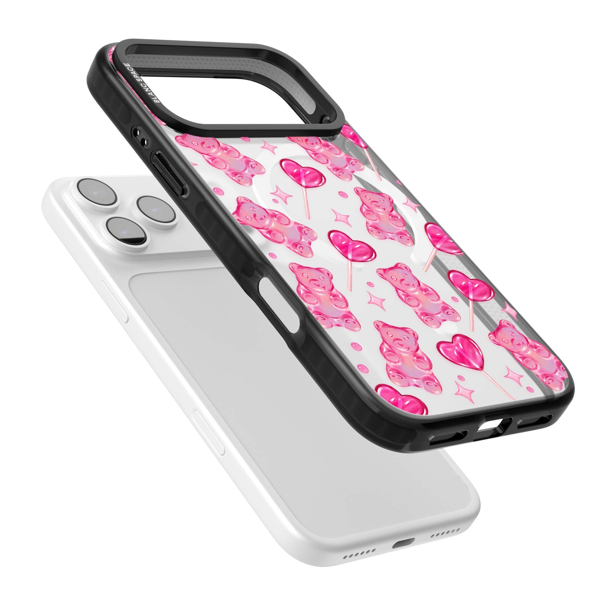 Pink Sugar pinkcore iPhone case featuring pink gummy bears, heart-shaped lollipops and sparkle stars | Black Impact Magsafe case for iPhone 17 Pro, iPhone 17 Pro Max