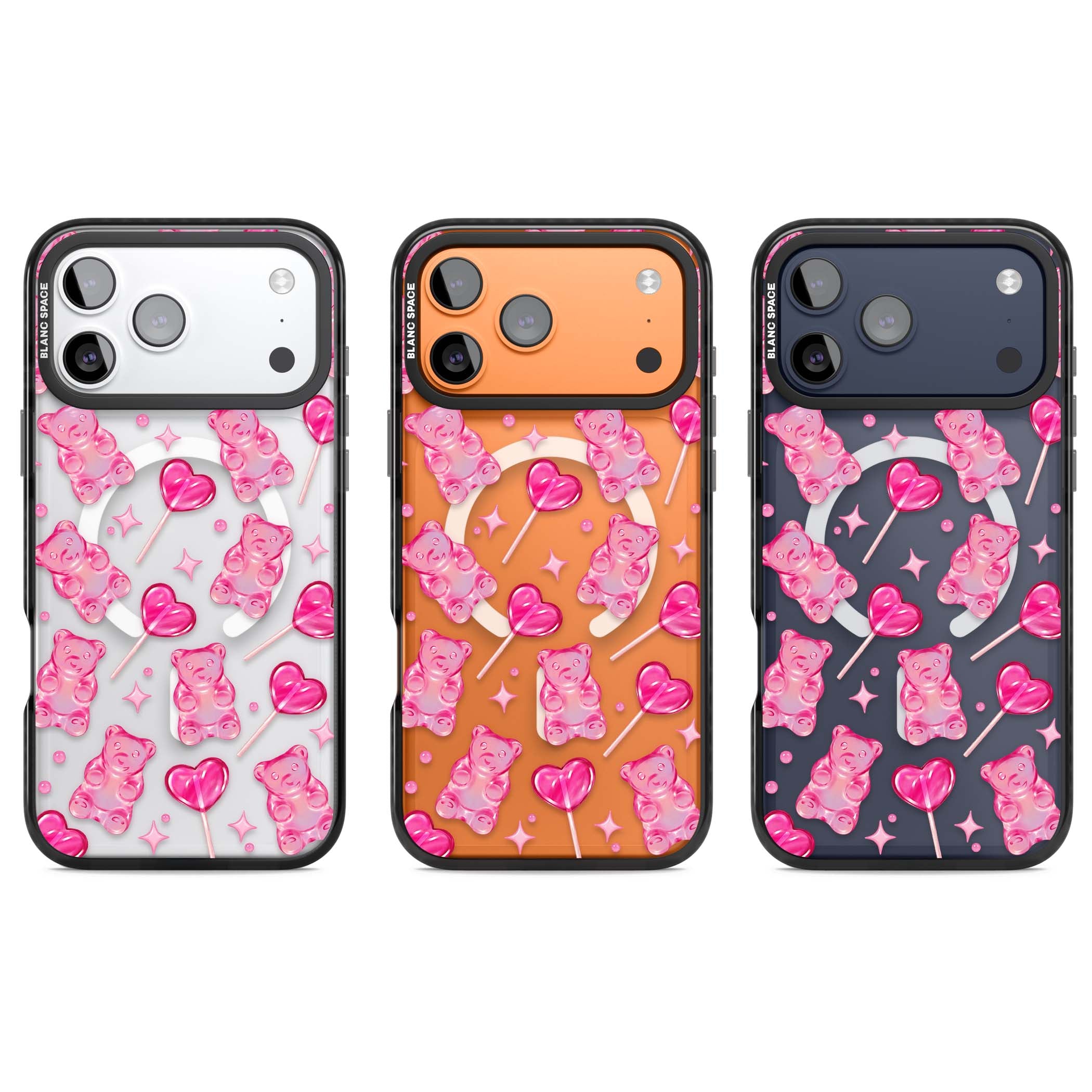 Pink Sugar pinkcore iPhone case featuring pink gummy bears, heart-shaped lollipops and sparkle stars | Black Impact Magsafe case for iPhone 17 Pro, iPhone 17 Pro Max