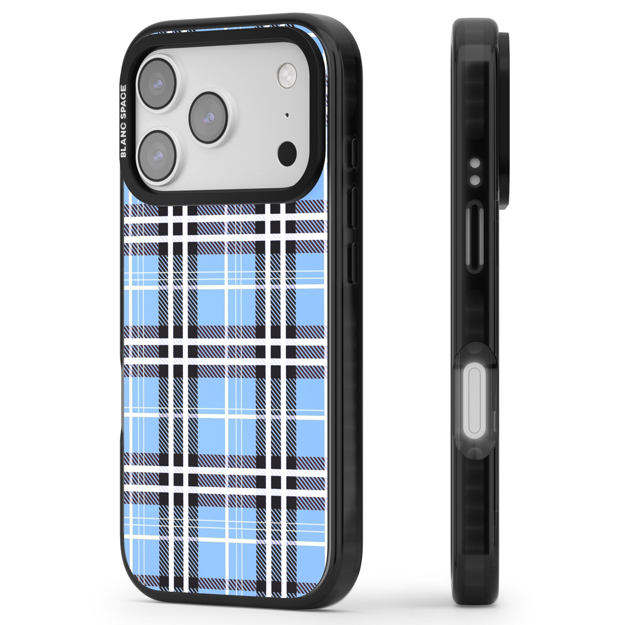 Blue Plaid iPhone 17 Pro Impact Pro Black Phone Case Side Profile