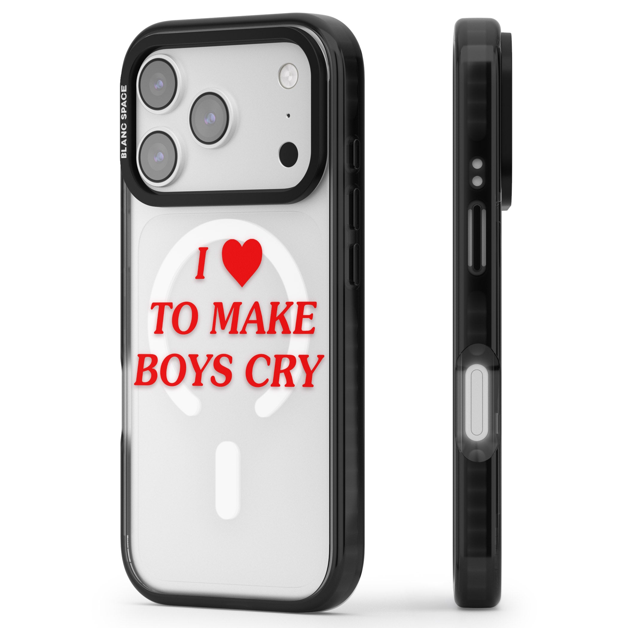 I Love To Make Boys Cry iPhone 17 Pro Impact Pro Black Phone Case Side Profile