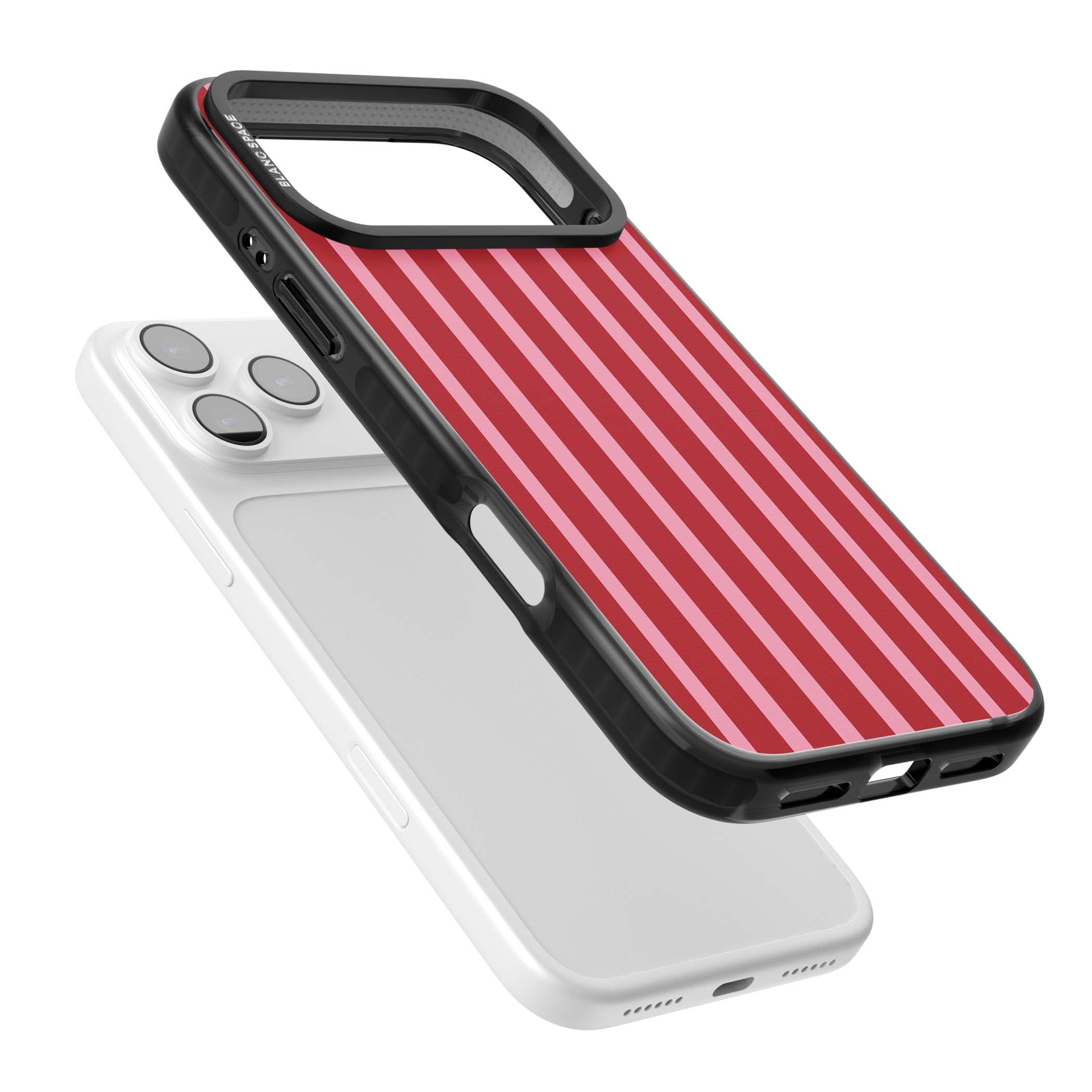 Raspberry Stripe coquette iPhone case featuring red and pink vertical stripes in a candy-inspired pattern | Black Impact Magsafe case for iPhone 17 Pro, iPhone 17 Pro Max