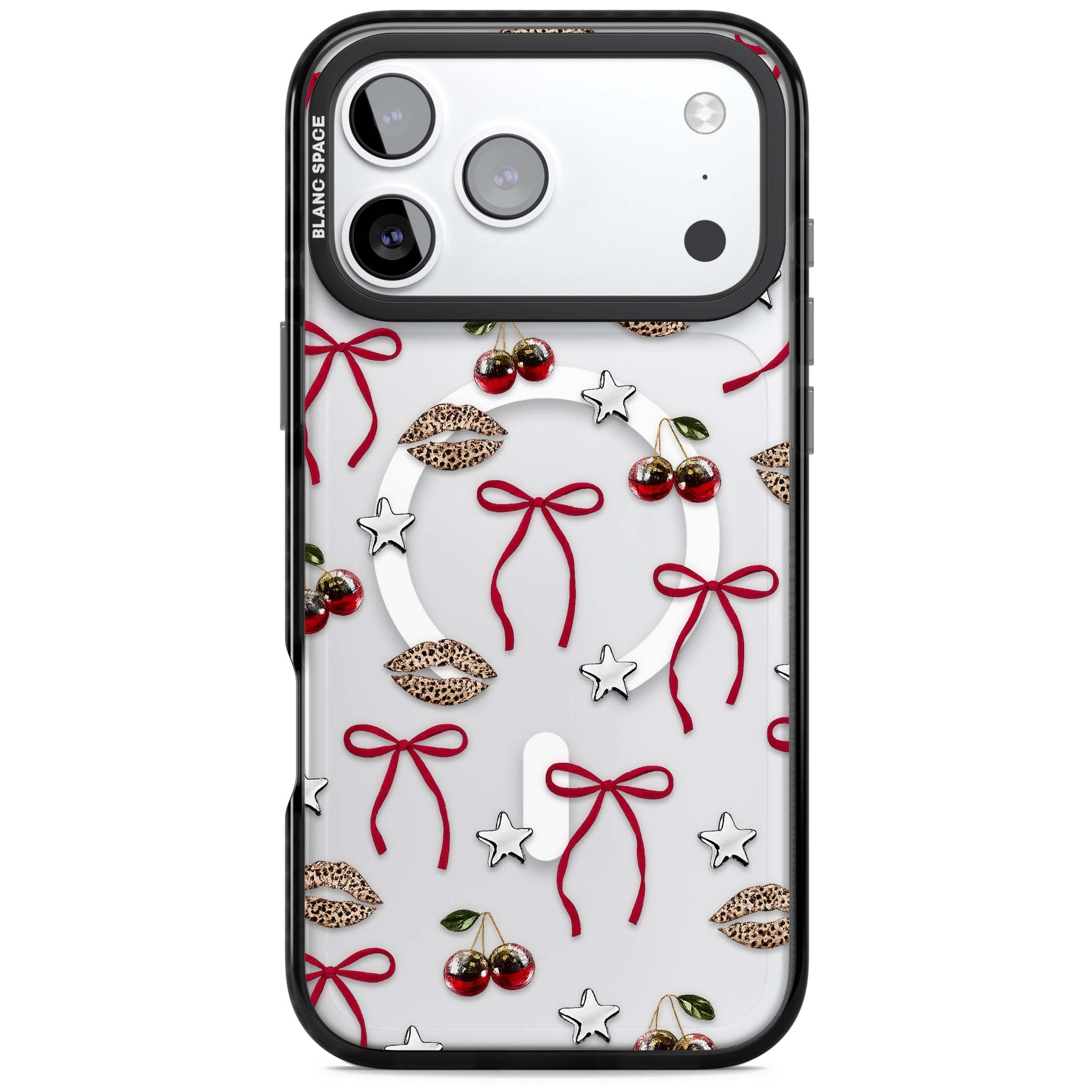 Starlet coquette iPhone case featuring red ribbon bows, disco cherries and leopard-print lips | Black Impact Magsafe case for iPhone 17 Pro, iPhone 17 Pro Max