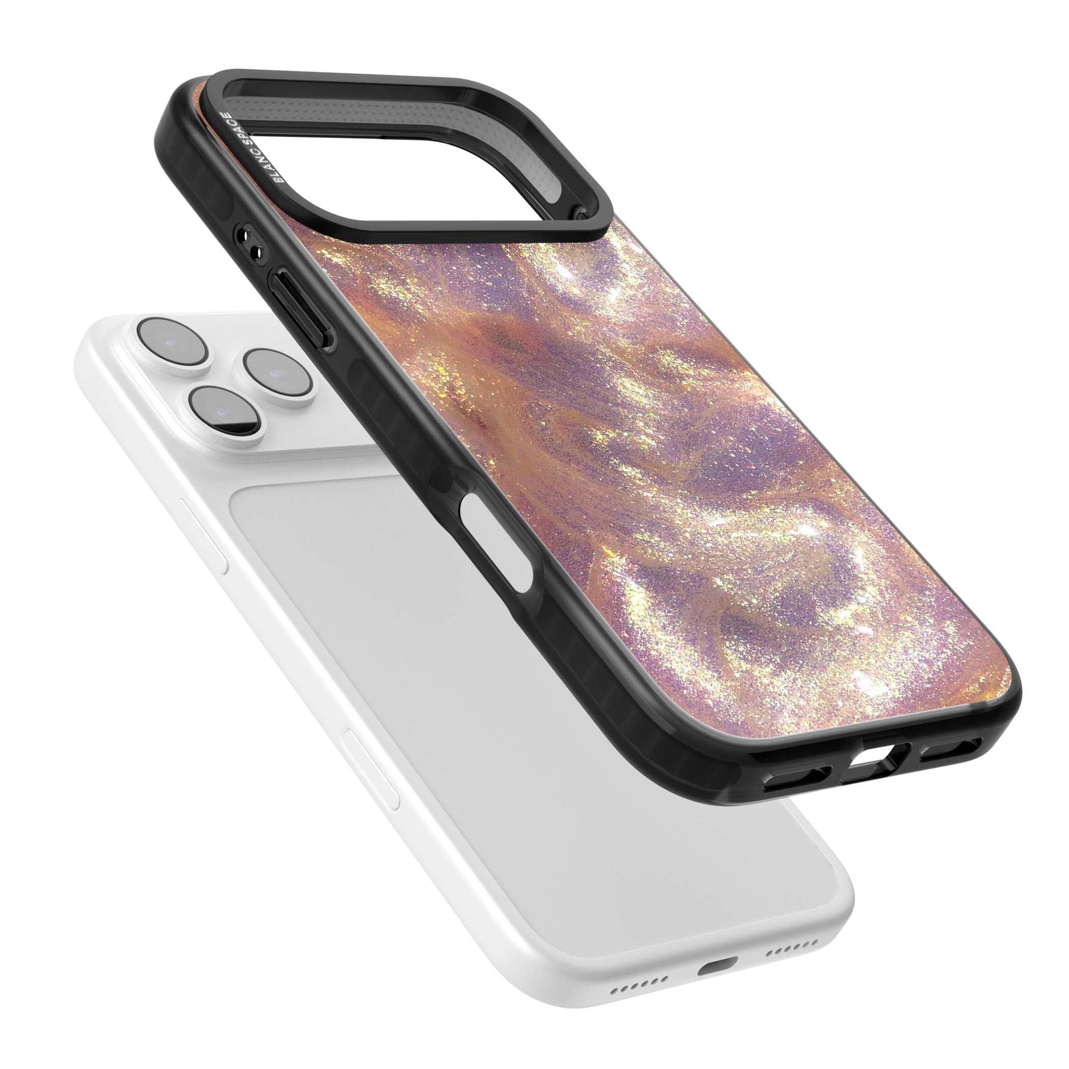 Shimmer marble iPhone case featuring rose gold glitter swirls, lilac shimmer and iridescent pearl finish | Black Impact Magsafe case for iPhone 17 Pro, iPhone 17 Pro Max