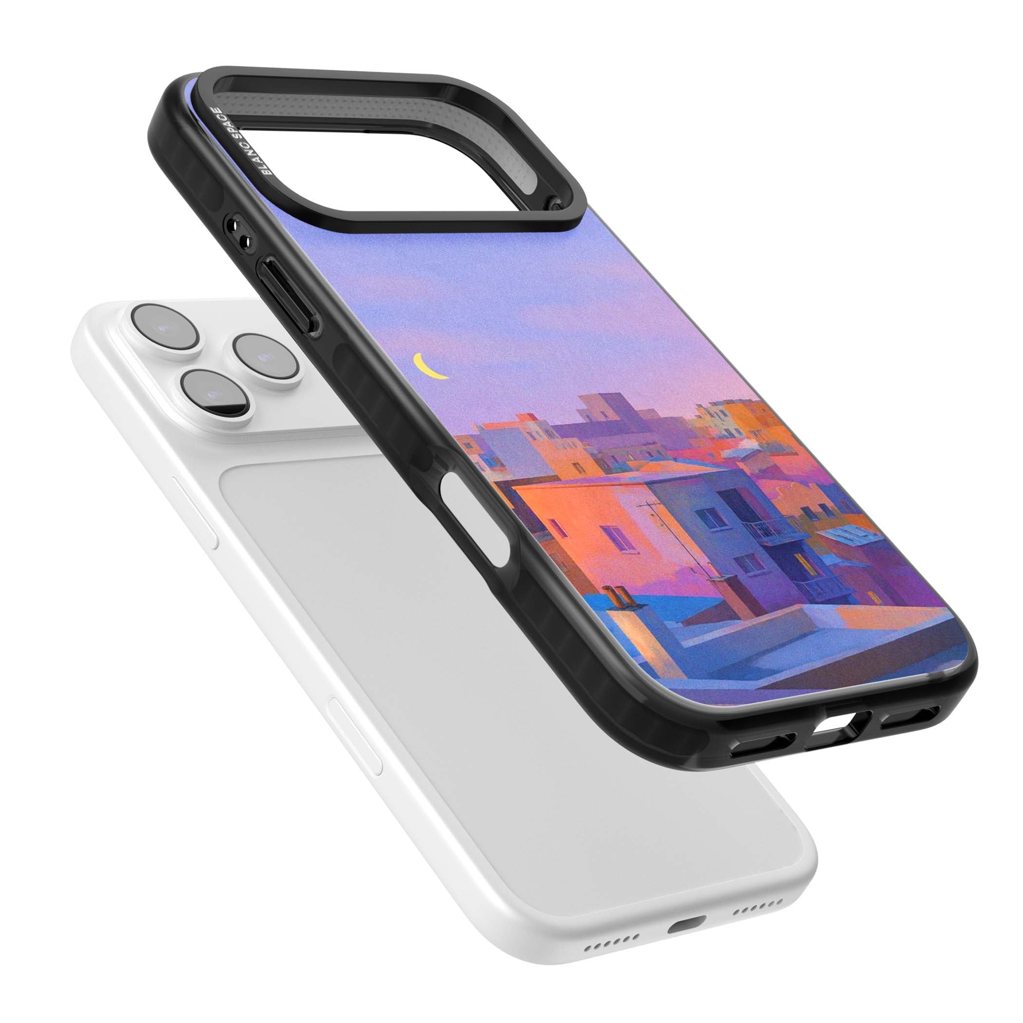 Twilight Rooftops vaporwave iPhone case featuring a pastel sunset cityscape, painted rooftops and a crescent moon. | Black Impact Magsafe case for iPhone 17 Pro, iPhone 17 Pro Max