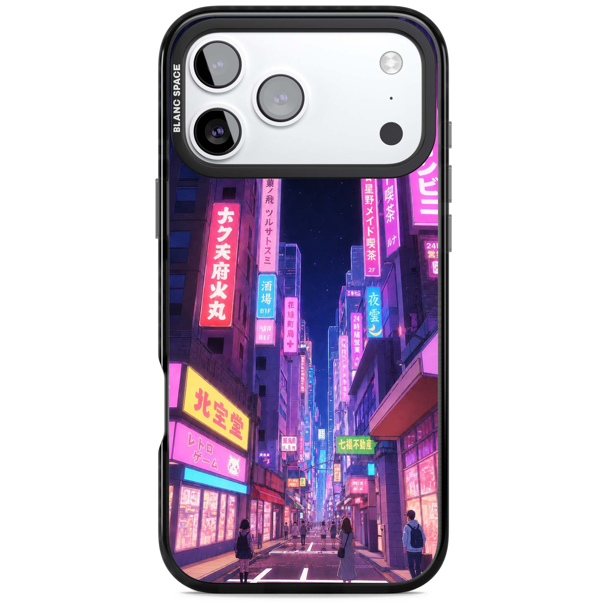 Shibuya At Night Japanese neon city iPhone case featuring glowing kanji signs, pink storefronts and a Tokyo street at n | Black Impact Magsafe case for iPhone 17 Pro, iPhone 17 Pro Max