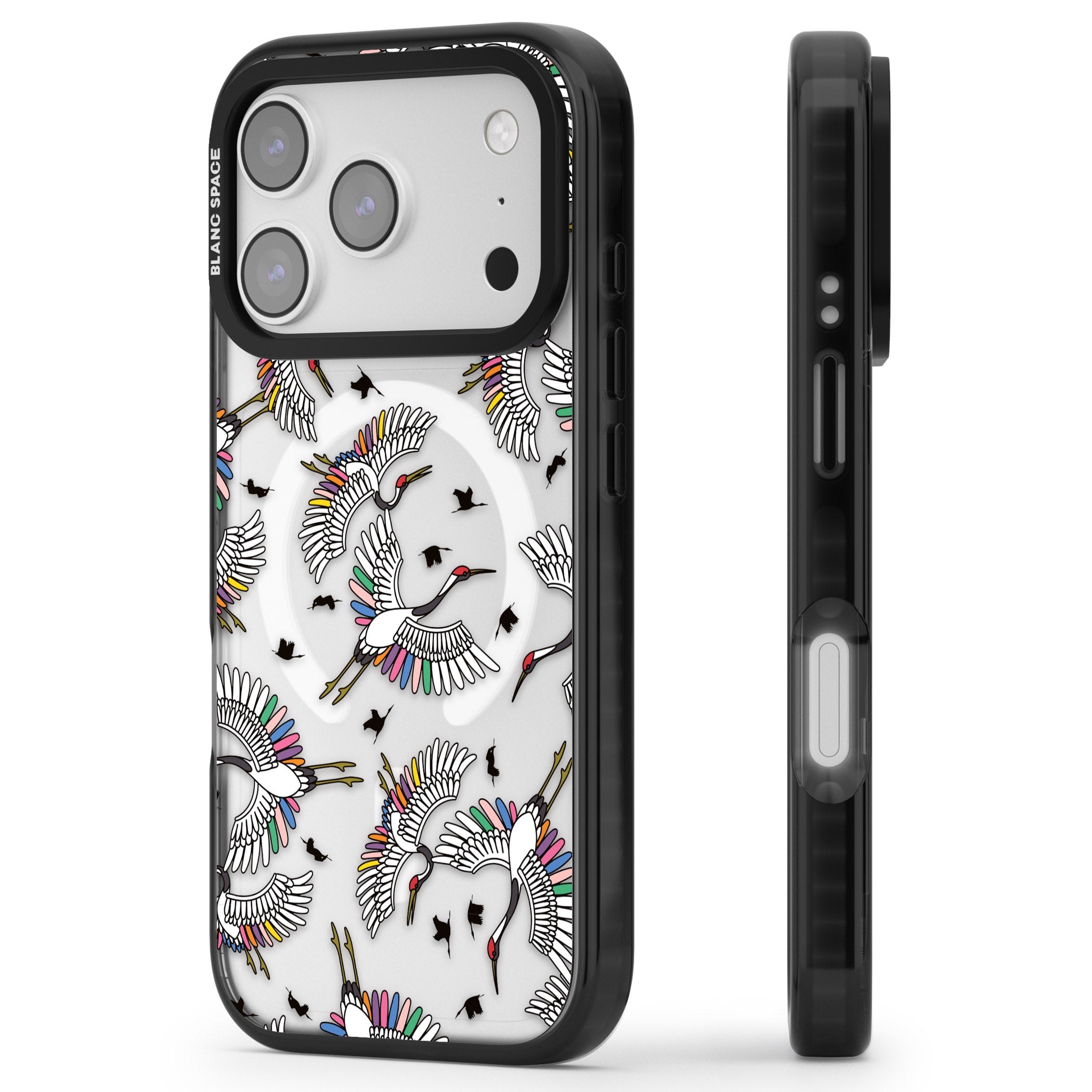 Colourful Crane Pattern iPhone 17 Pro Impact Pro Black Phone Case Side Profile
