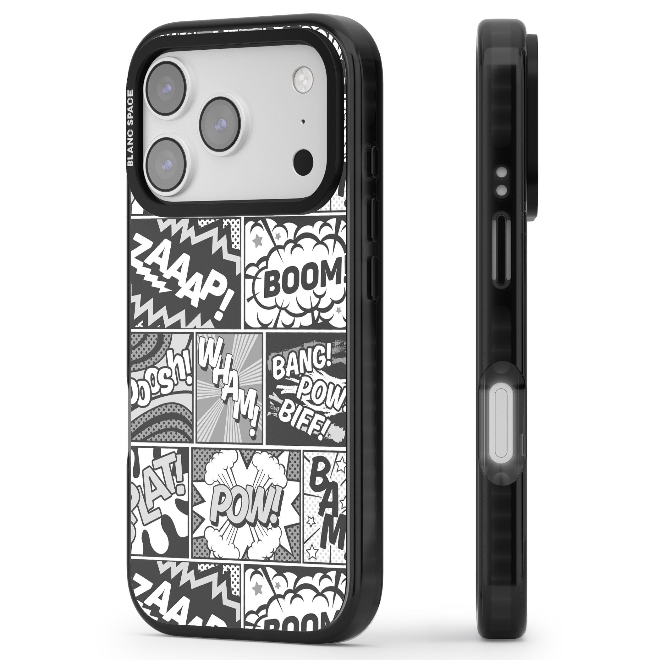 Onomatopoeia (Black & White) iPhone 17 Pro Impact Pro Black Phone Case Side Profile